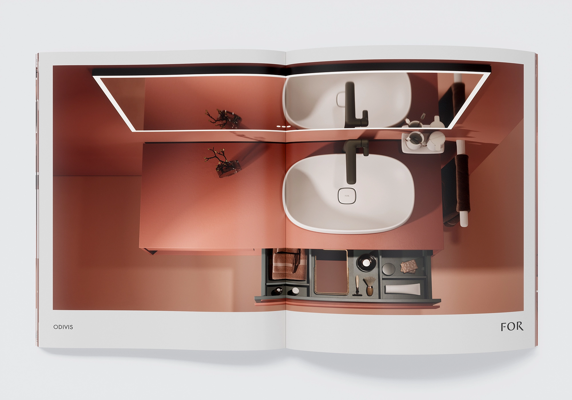  Rendu du catalogue : Plan de toilette avec vasque à poser en terracotta, vue de dessus du tiroir ouvert avec organiseur, robinetterie noire et miroir LED - FOR de Richter + Frenzel.