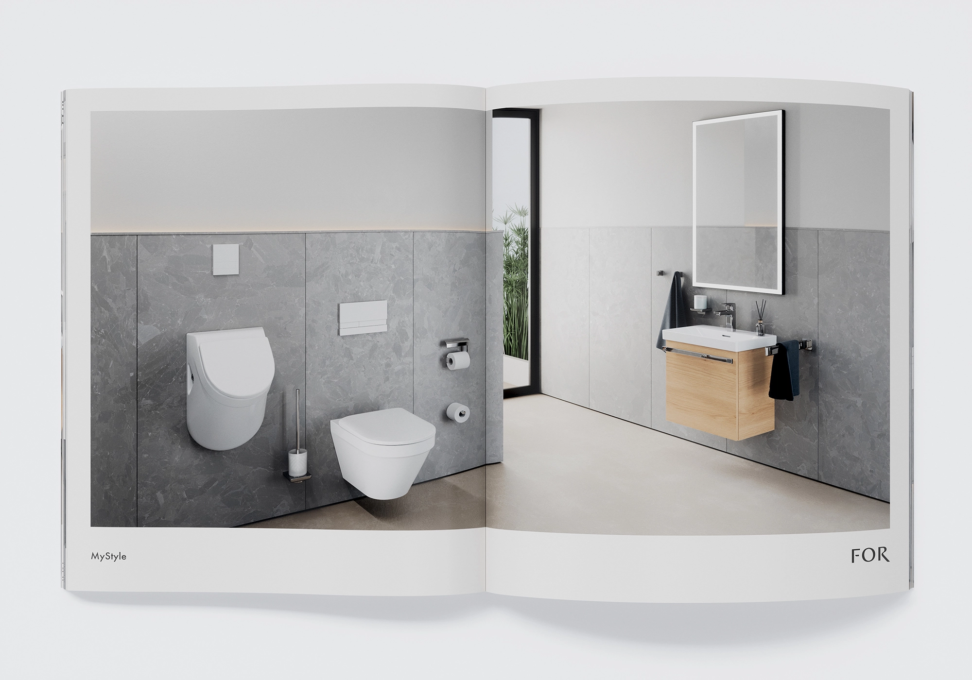 Salle de bain lumineuse avec carrelage gris à mi-hauteur, WC suspendu, élément supplémentaire en céramique et lavabo avec façade en bois près de la fenêtre - rendu pour FOR.