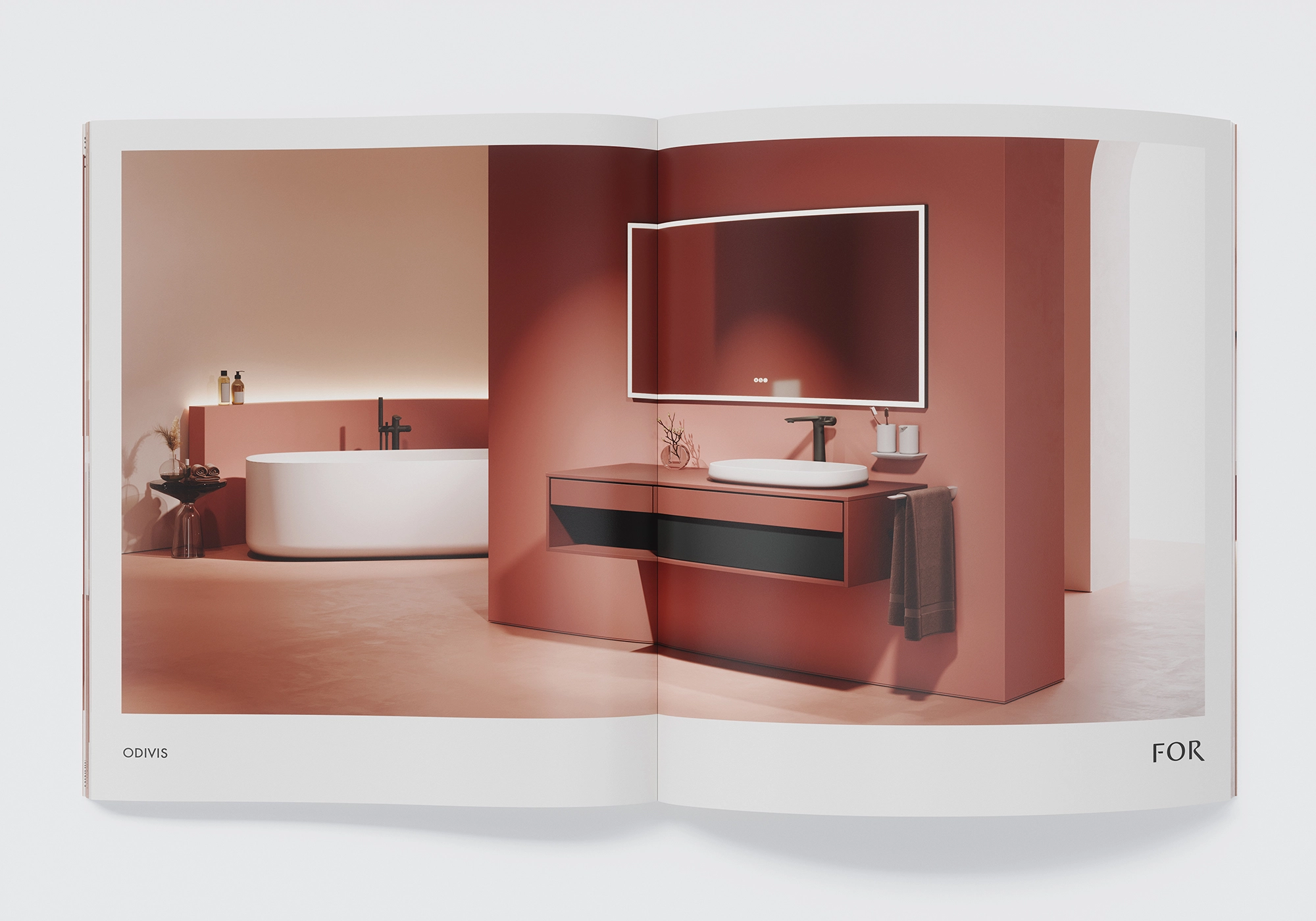 Scène globale calme de la salle de bains avec baignoire et lavabo, grand miroir LED et concept de couleurs chaudes en terracotta - visualisation 3D pour FOR de Richter + Frenzel.