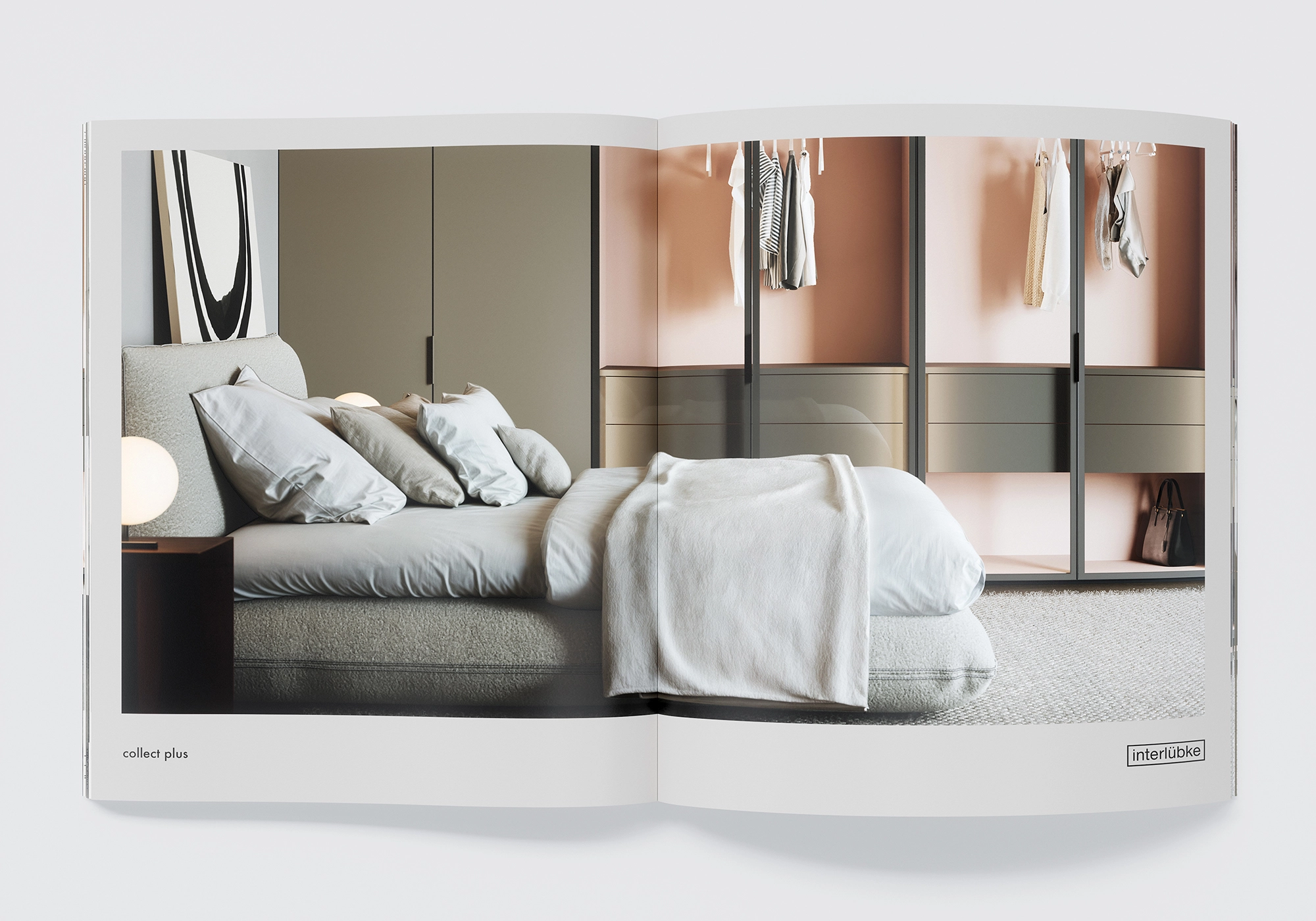 Sovrum med interlübke-garderob bakom glasfronter, mattlackad inredning och textila accenter - atmosfärisk CGI-rendering.