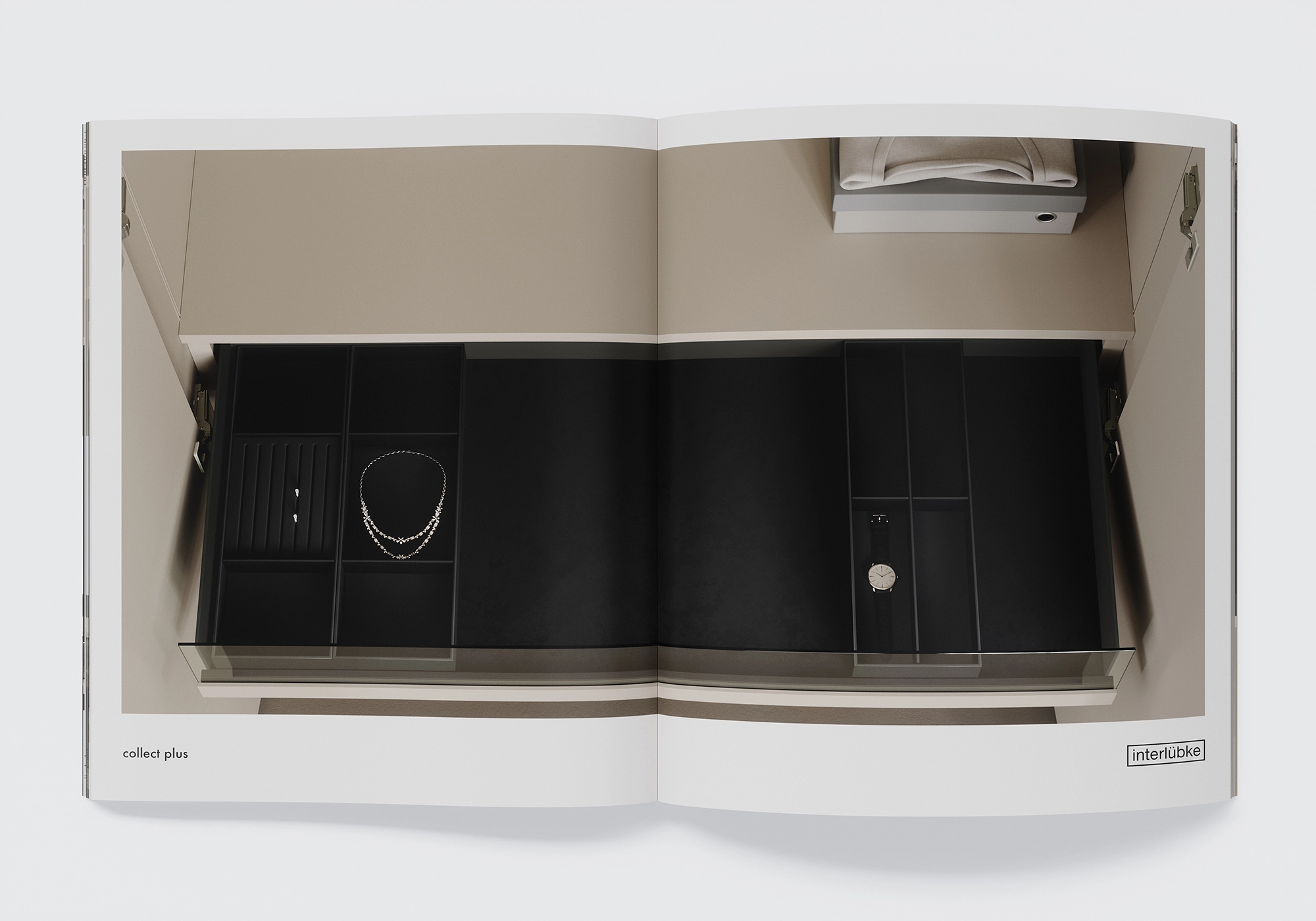 Katalogrendering: interlübke collect plus lådinsats med smyckesförvaring i svart, uppifrån - exakt 3D-produktvisualisering.