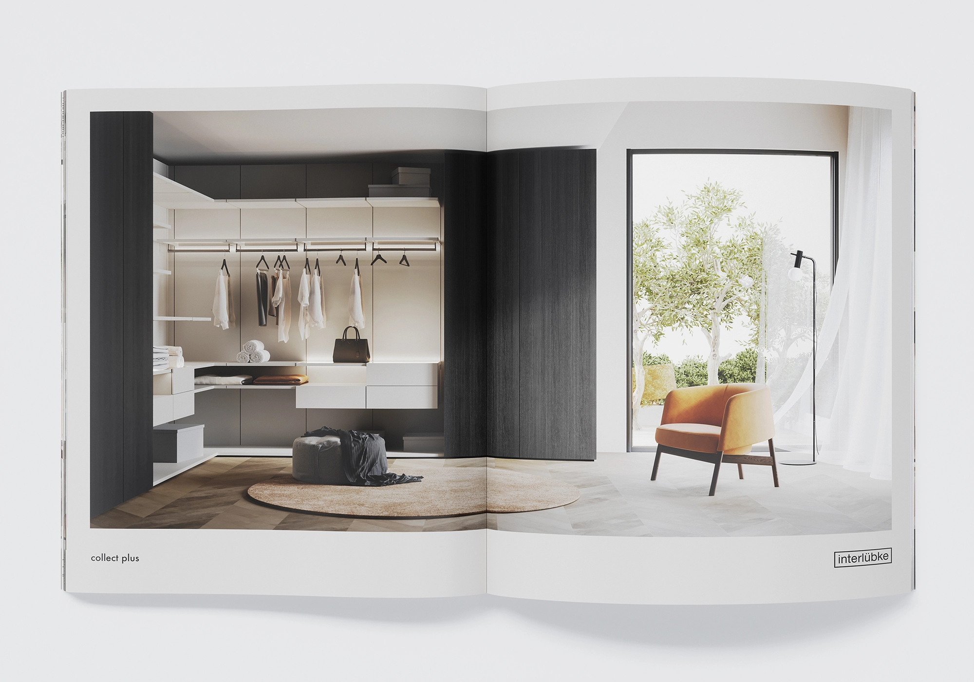 Ljust omklädningsrum med walk-in-garderob från interlübke, integrerad belysning och stor fönsterfront - 3D-produktvisualisering.