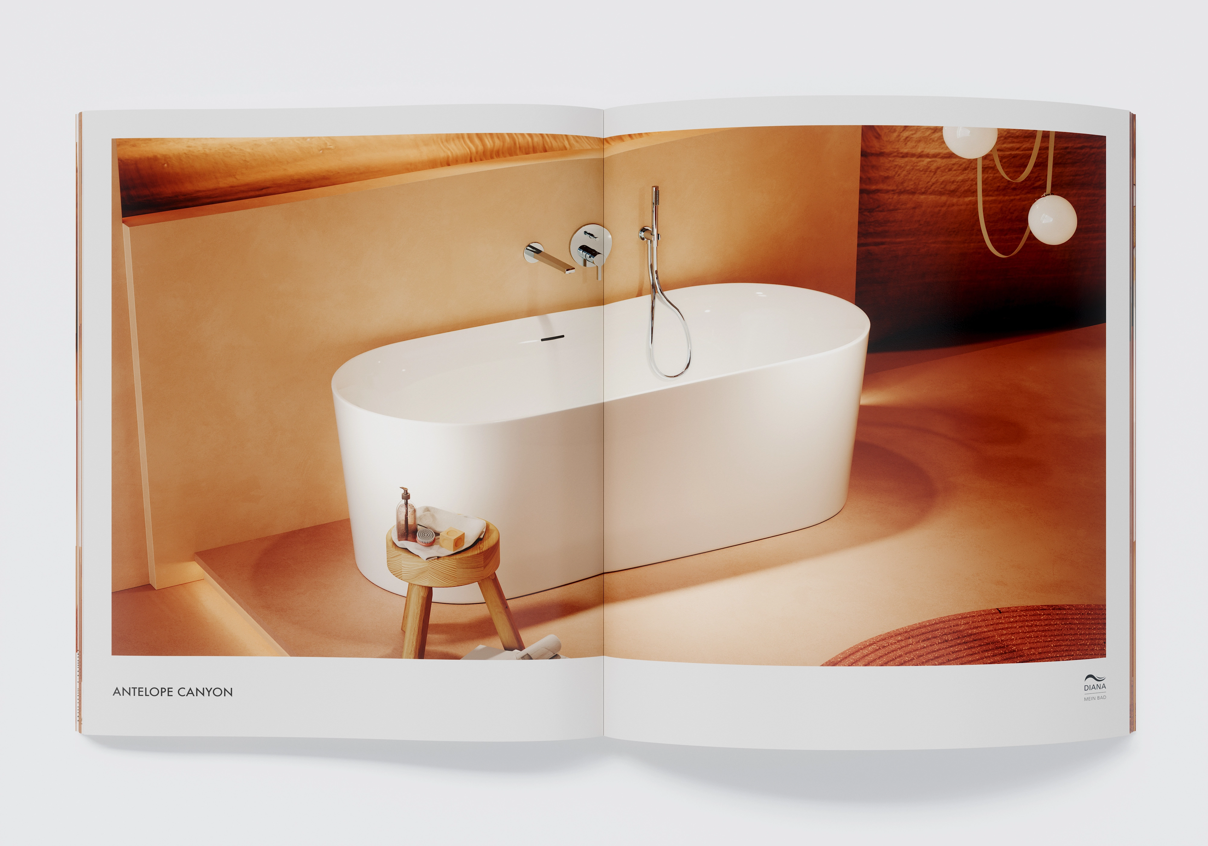 Vasca da bagno freestanding nei colori caldi della sabbia e della terracotta, concetto di stanza organica - CGI per Diana Bath, Canyon House.