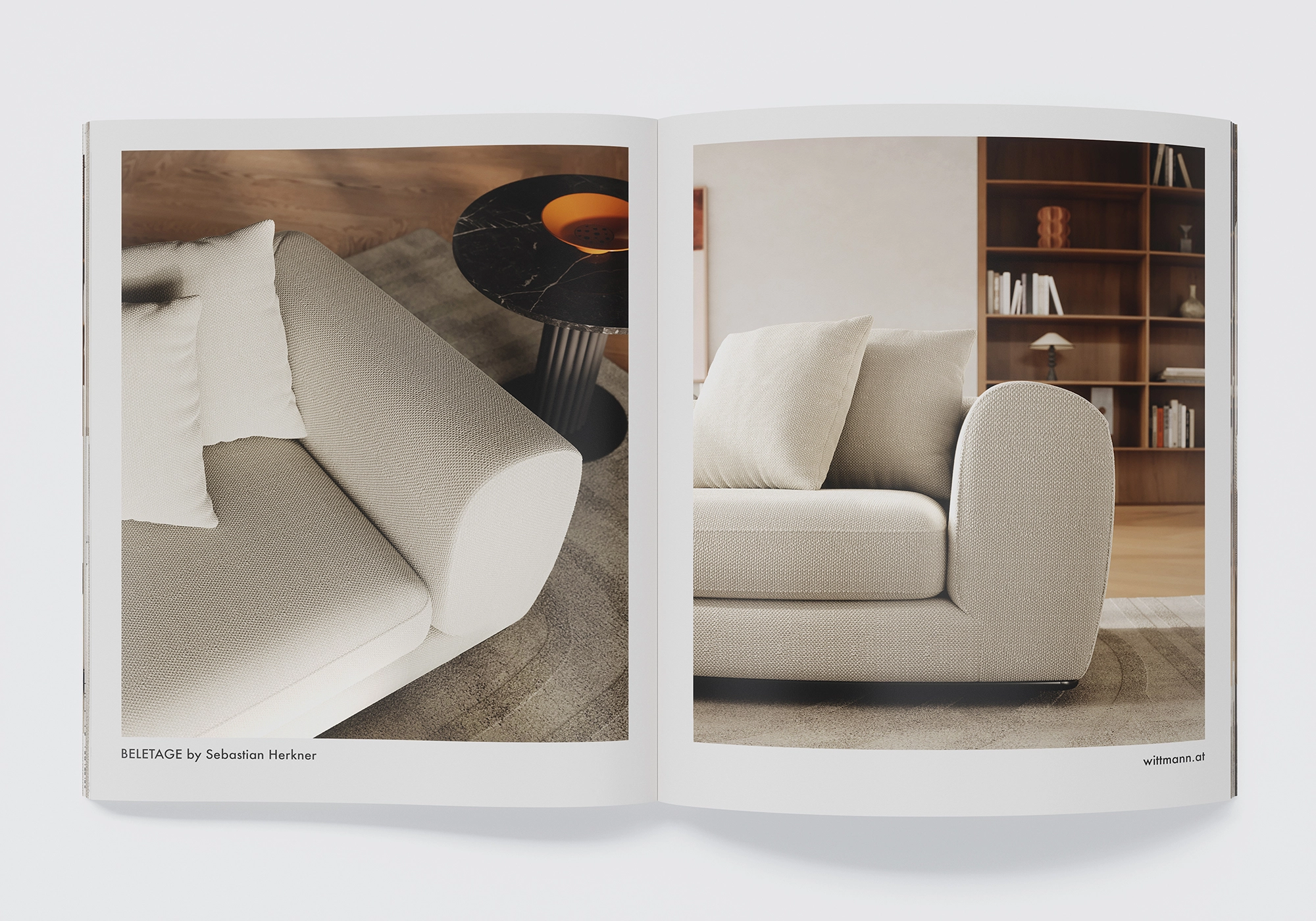 Detailaufnahme des Wittmann BELETAGE Sofas: abgerundete Armlehne, strukturierter Stoff und Kissen – PBR-Material mit realistischem Licht und feiner Textur.