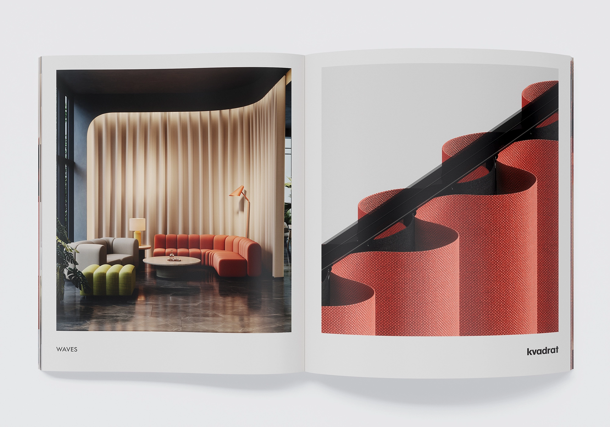  Lounge-Szene mit beige geführten Wellenvorhängen; rechts Detail des roten Stoffes auf der Laufschiene – fotorealistische 3D Visualisierung für Kvadrat.