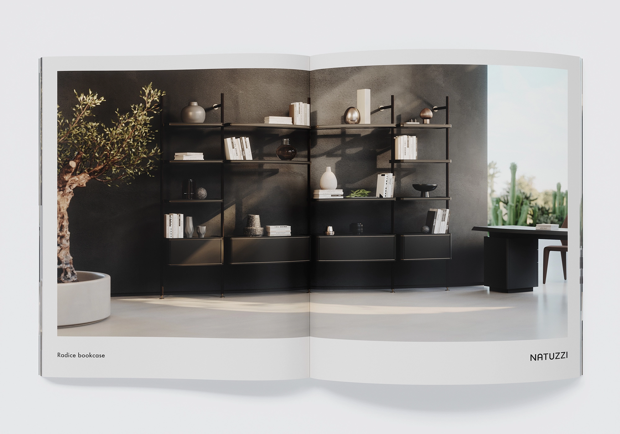 Étagère modulaire "Radice" de Natuzzi devant un mur sombre ; livres et objets, lumière douce - visualisation de meubles en 3D.