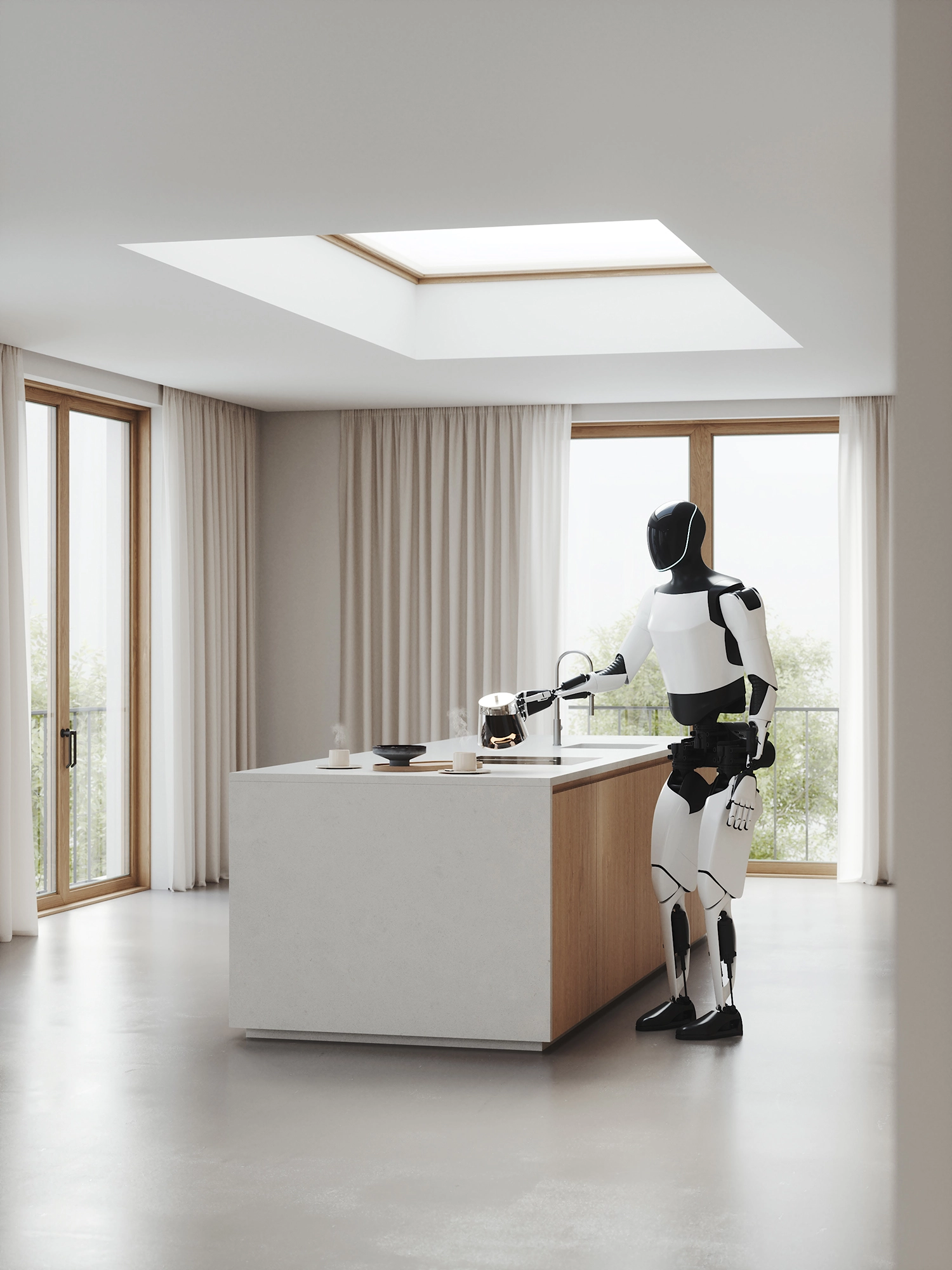 Robot in una cucina-soggiorno moderna che versa il caffè, inquadratura lunga