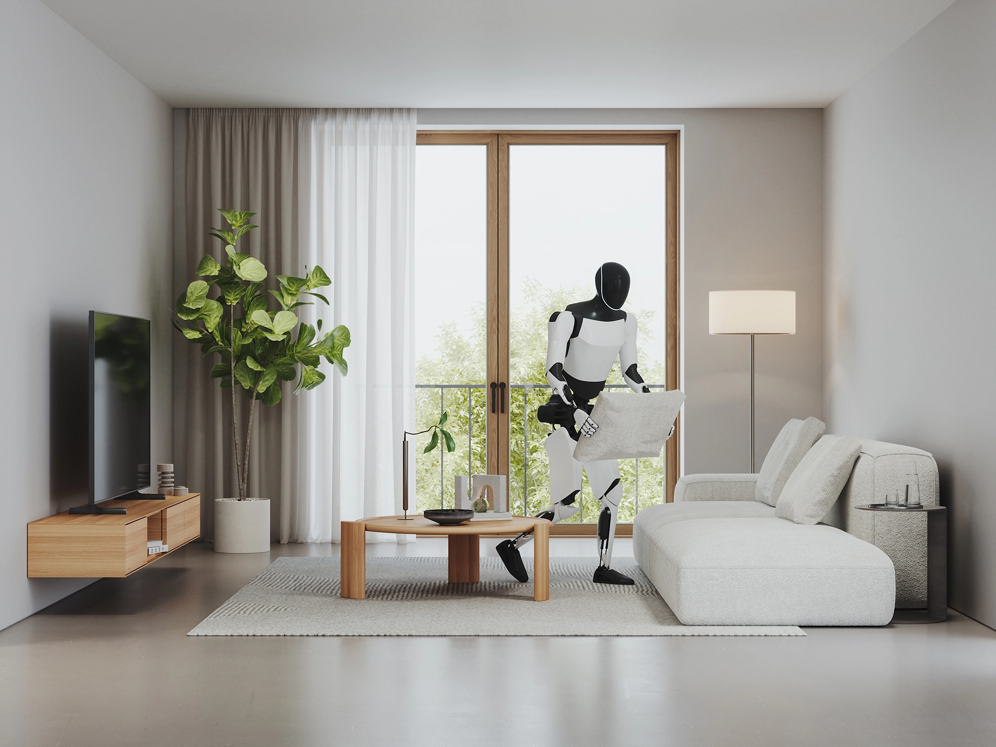 Robot che raddrizza i cuscini in un salotto minimalista, scena calma di marca