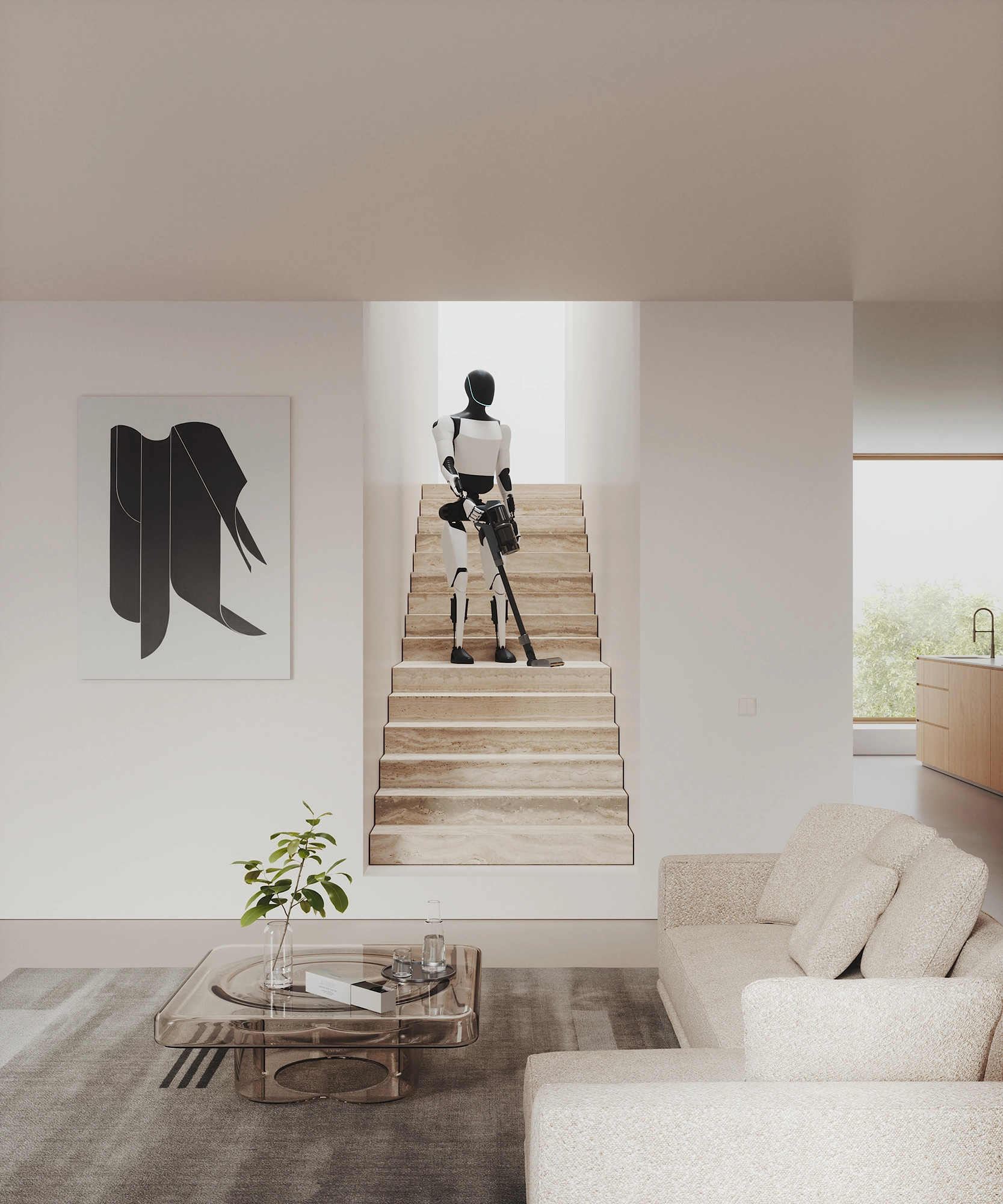 Robot umanoide aspira le scale in uno spazio abitativo minimalista, ripresa lunga