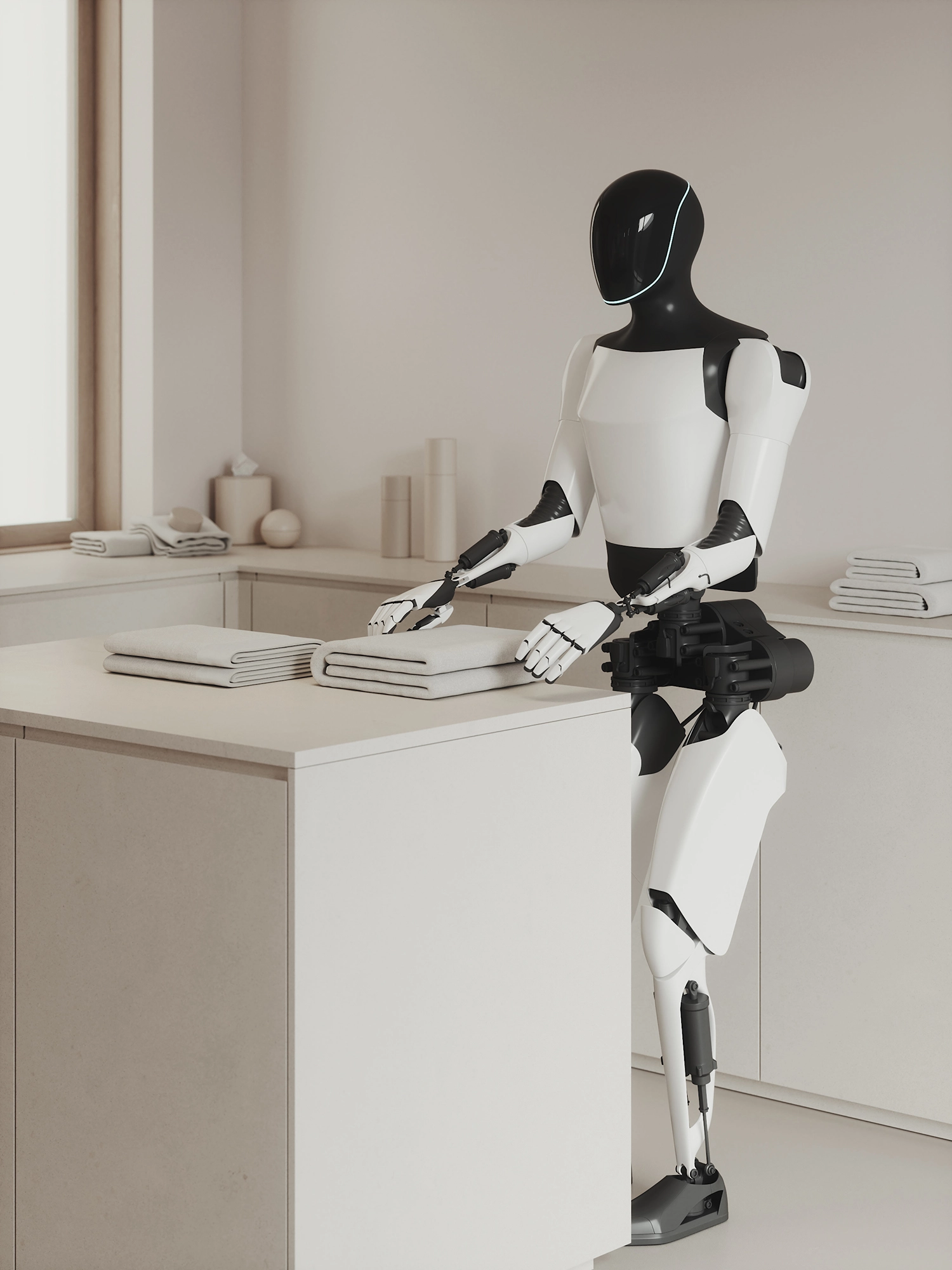 Robot umanoide che piega gli asciugamani in un ripostiglio tranquillo, primo piano