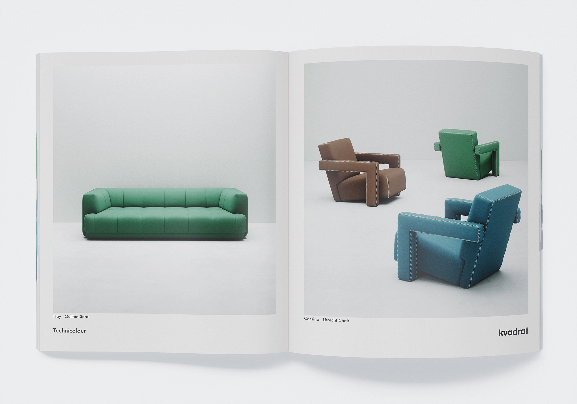 Lookbook doppia pagina: divano HAY Quilton in verde e gruppo di poltrone Cassina Utrecht in tessuti Kvadrat come visualizzazione 3D fotorealistica.