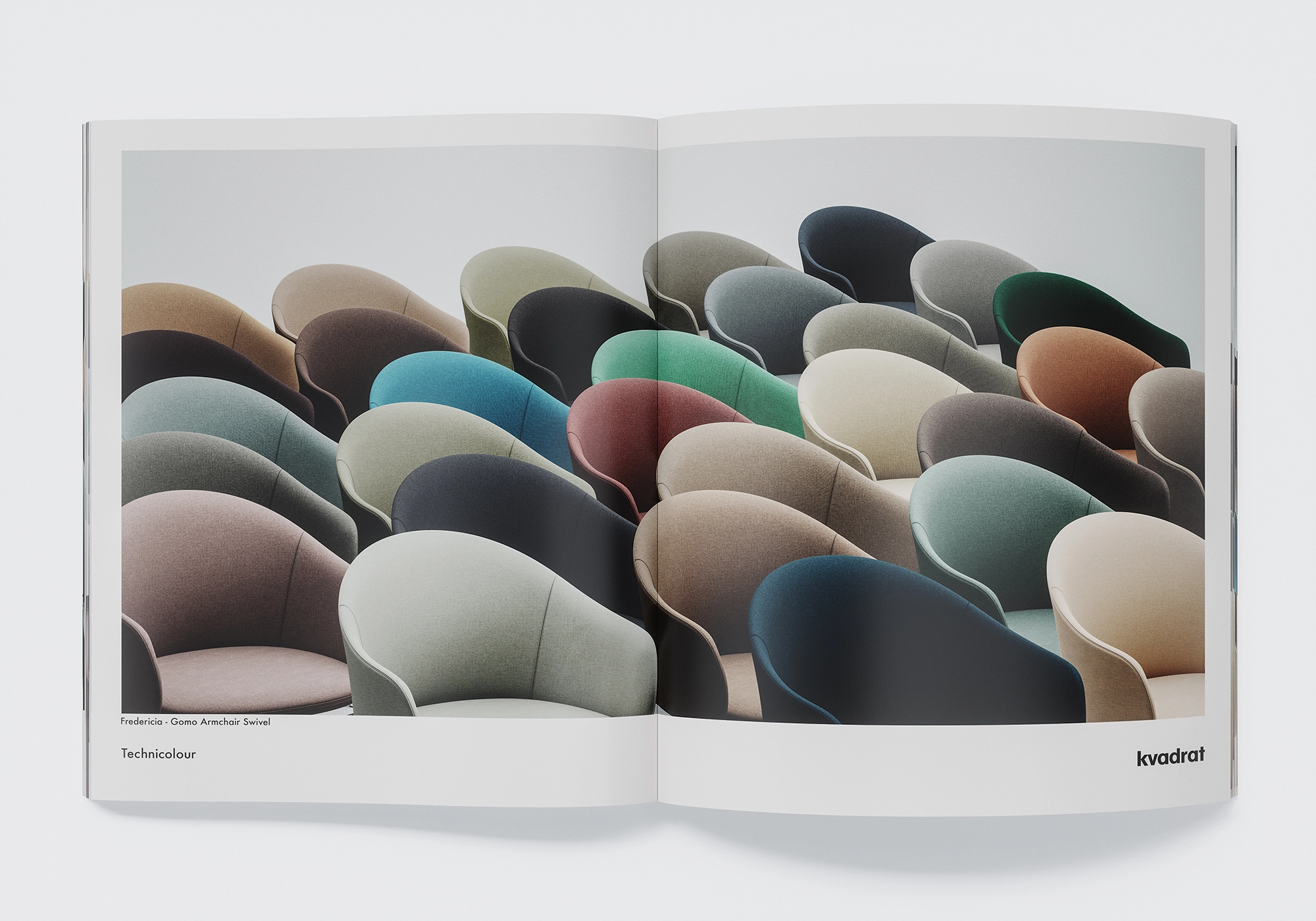 Grande disposizione di poltrone girevoli Fredericia Gomo in vari colori Kvadrat e Technicolour, visualizzata da Danthree Studio.