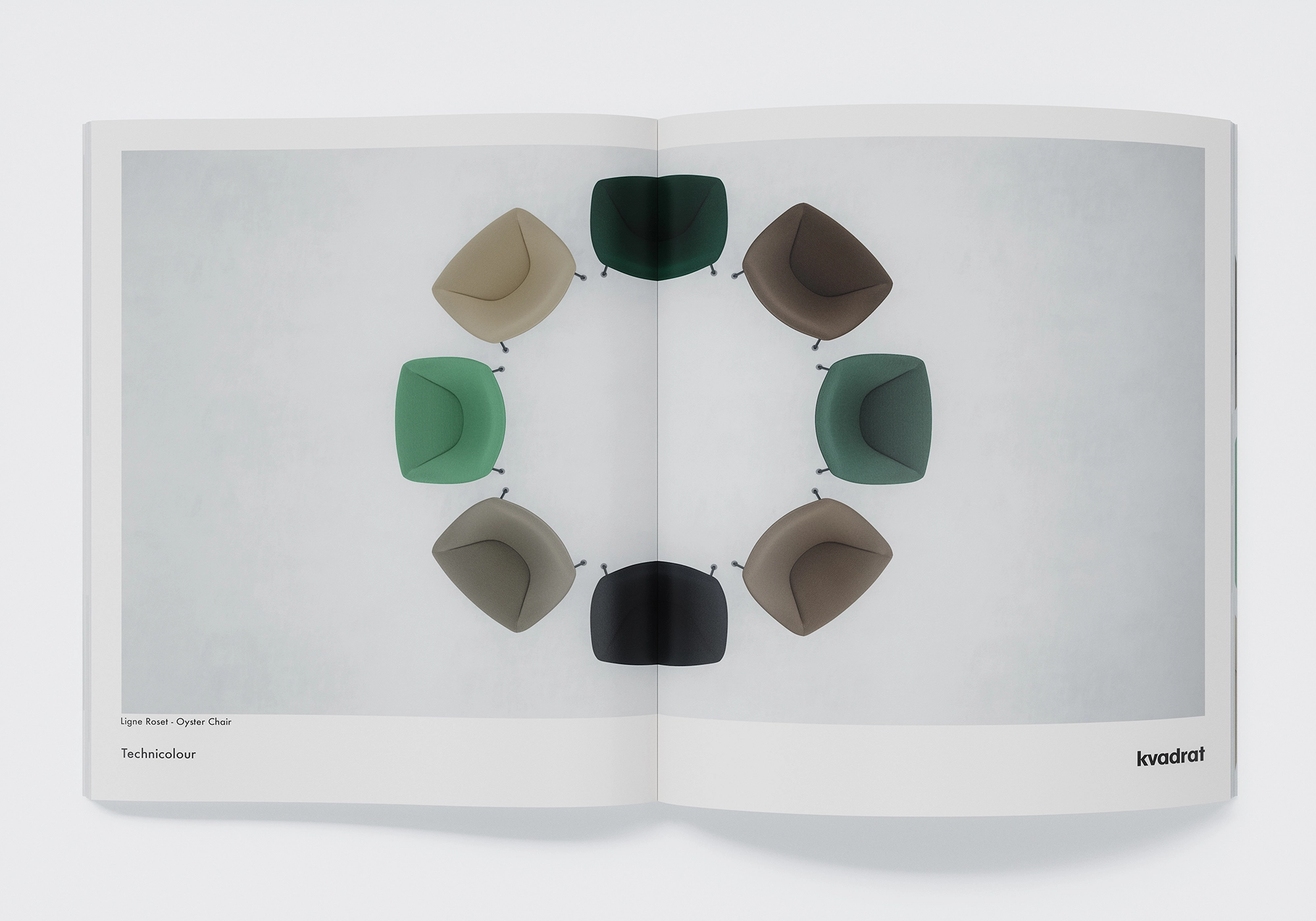 Vista dall'alto di un cerchio composto da poltrone Ligne Roset Oyster in diverse tonalità terra Kvadrat, rendering fotorealistico.