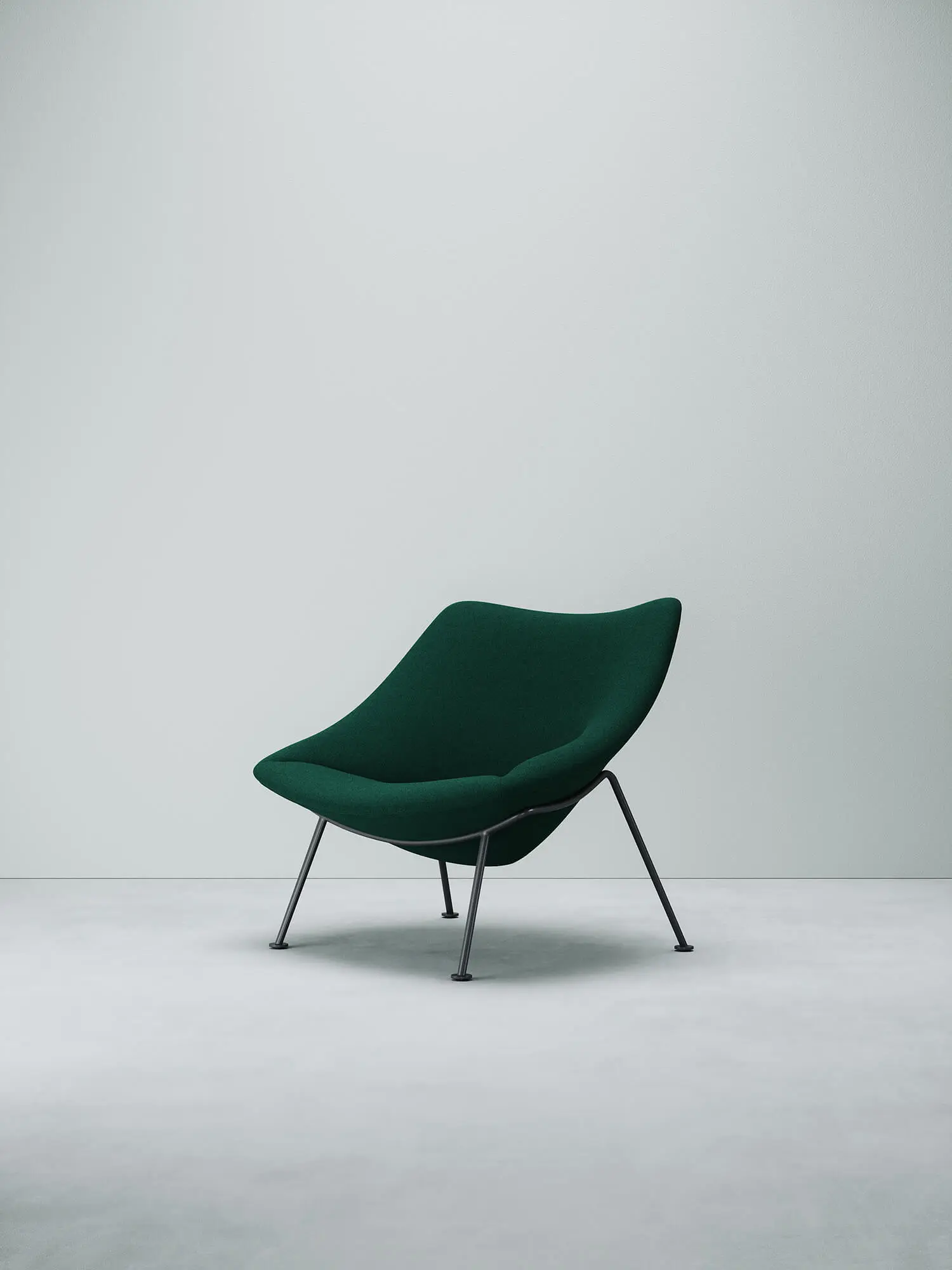 Sedia Oyster di Ligne Roset in tessuto Kvadrat verde scuro come rendering di arredamento di alta gamma.