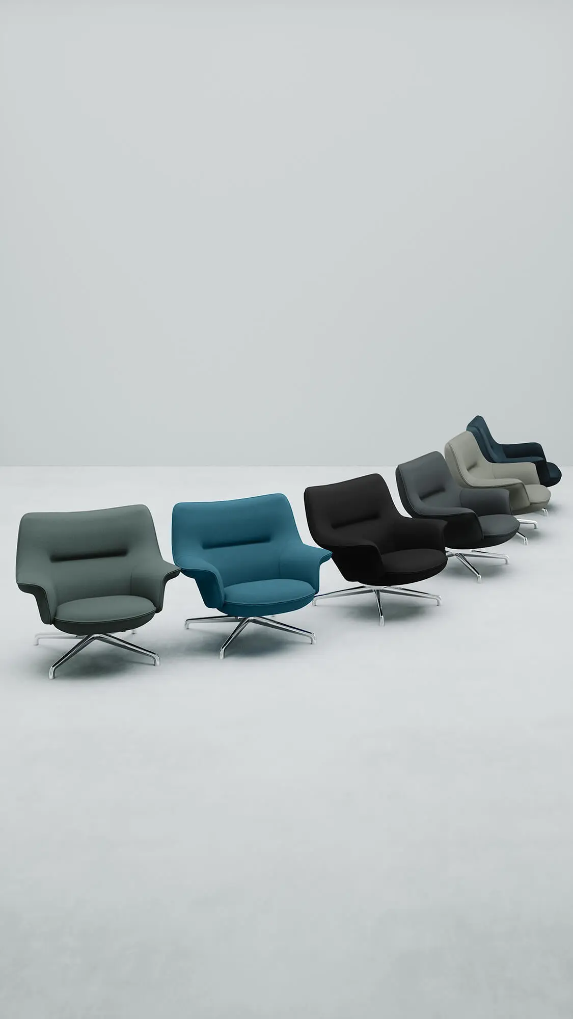 Serie di poltrone Muuto Doze Lounge Chair Low Back in diversi colori Kvadrat come rendering CGI fotorealistico.