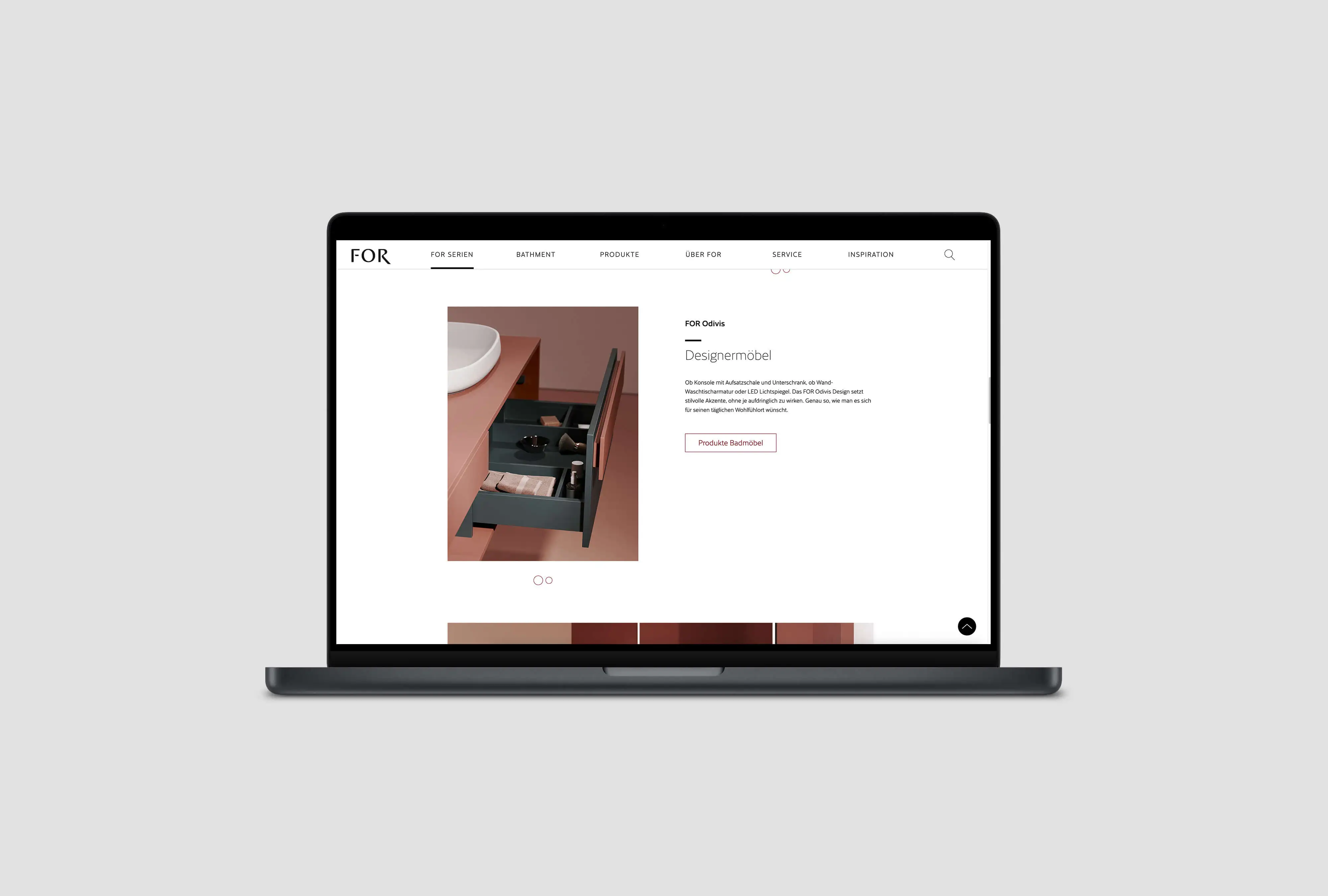 Laptop affiche la page produit des meubles design FOR Odivis avec un rendu 3D détaillé de l'aménagement intérieur et de l'organisation des tiroirs.