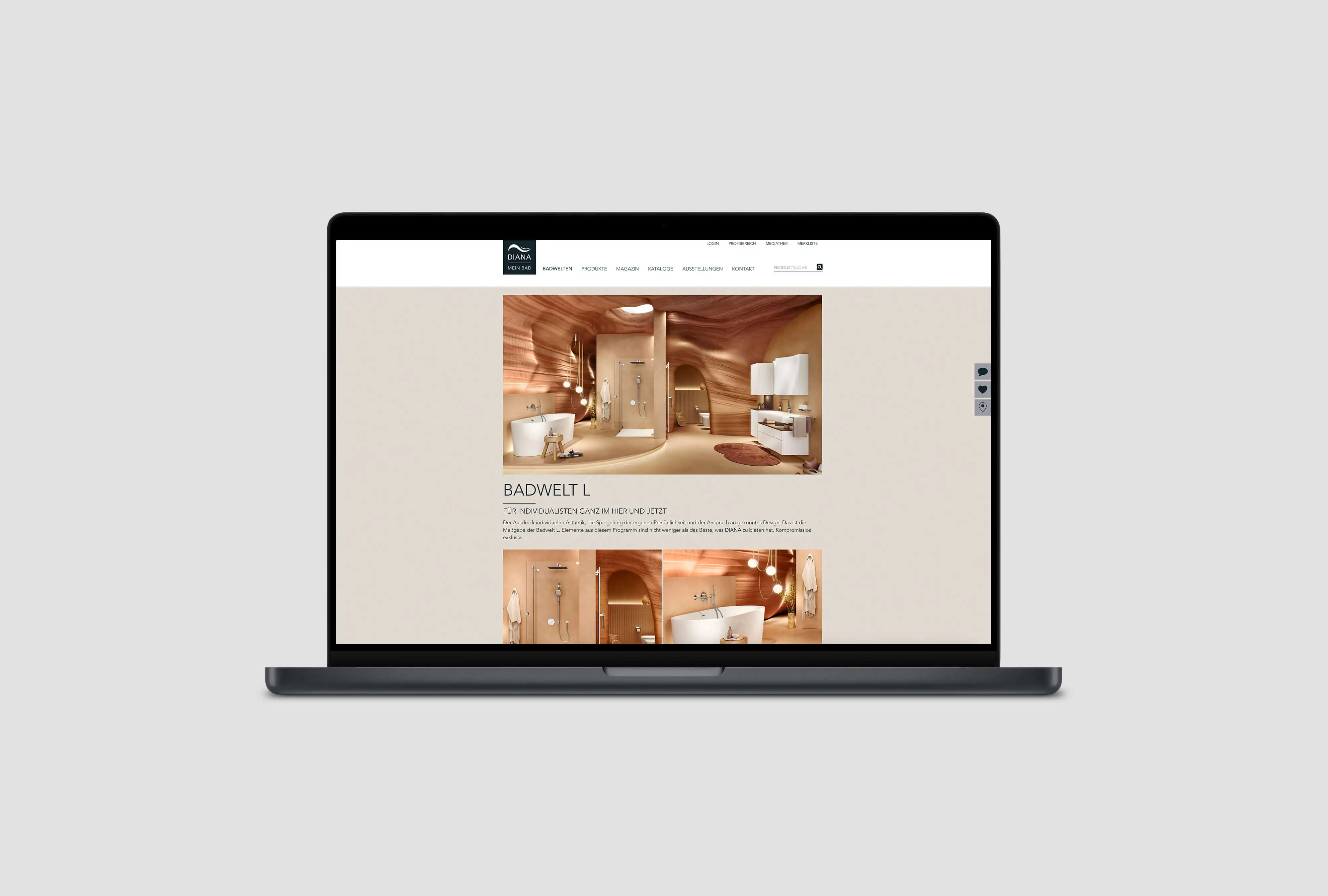 Il laptop mostra il sito web di DIANA Bad con il design virtuale del bagno Canyon House come immagine principale per il marketing online del mondo dei bagni L.