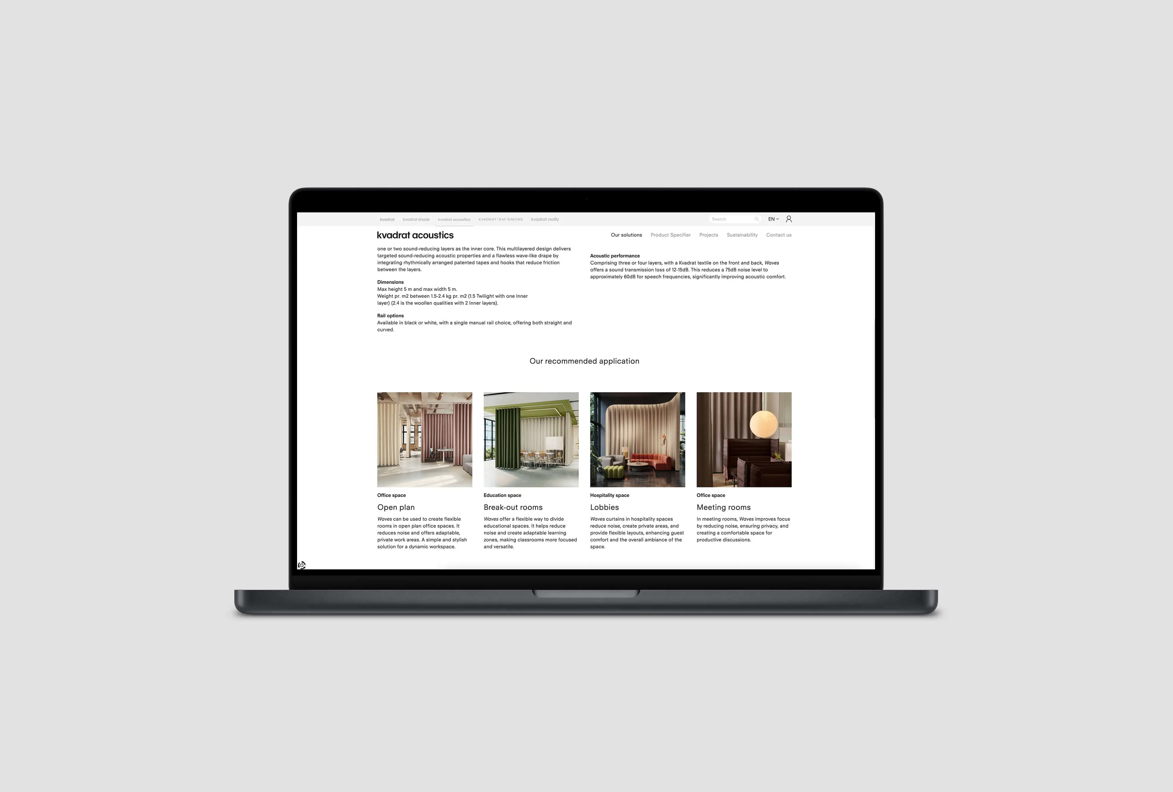 Laptop zeigt die Website von Kvadrat Acoustics mit CGI-Rauminszenierungen für verschiedene Anwendungsbereiche wie Büros, Bildung und Hotellerie.