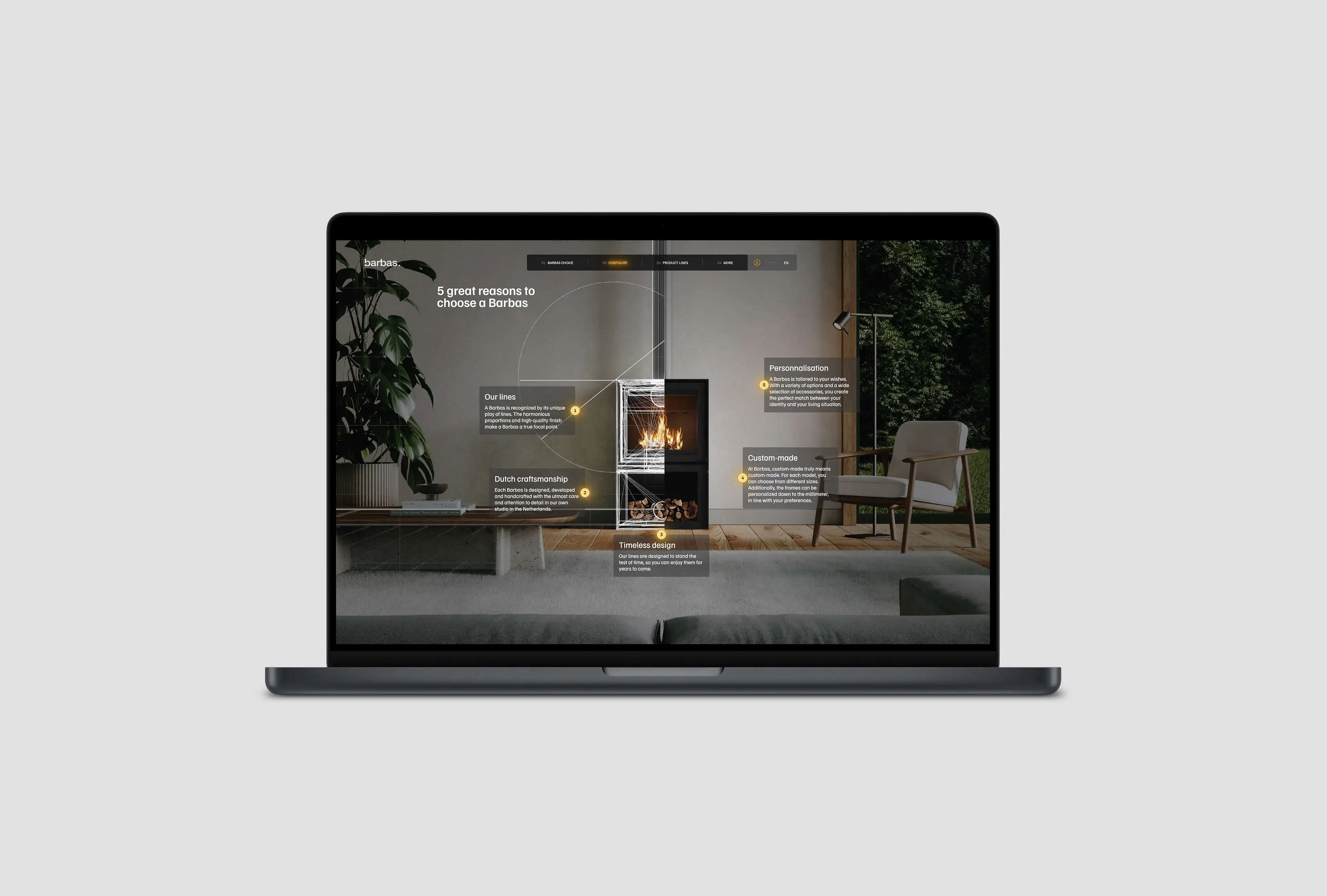 Il laptop mostra il sito web di Barbas con un rendering 3D del camino che combina visivamente dettagli tecnici e narrazione emotiva.