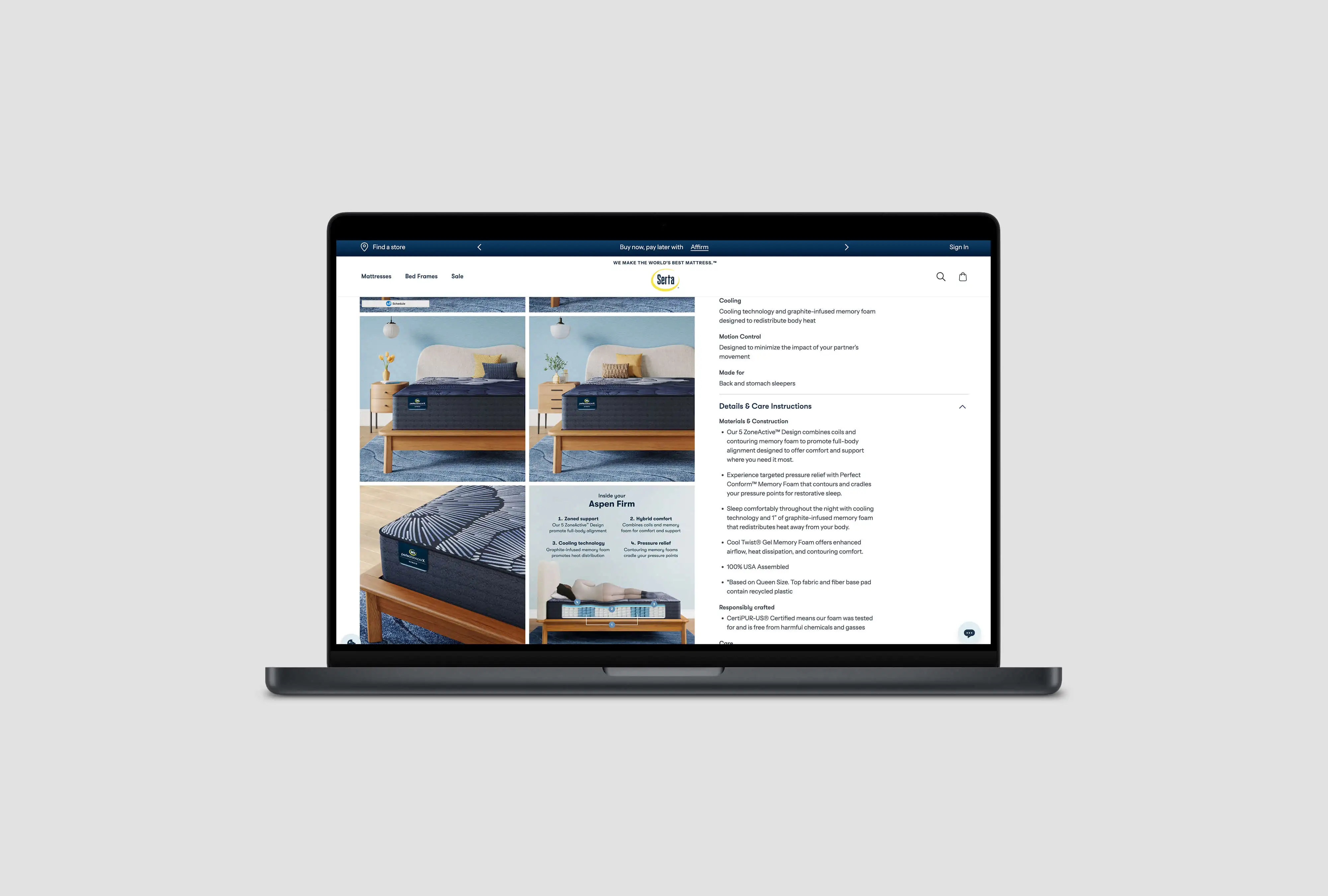 Laptop zeigt die Detailansicht der Serta Website mit 3D-Visualisierungen der Matratzen-Features, Materialaufbau und Pflegehinweisen.