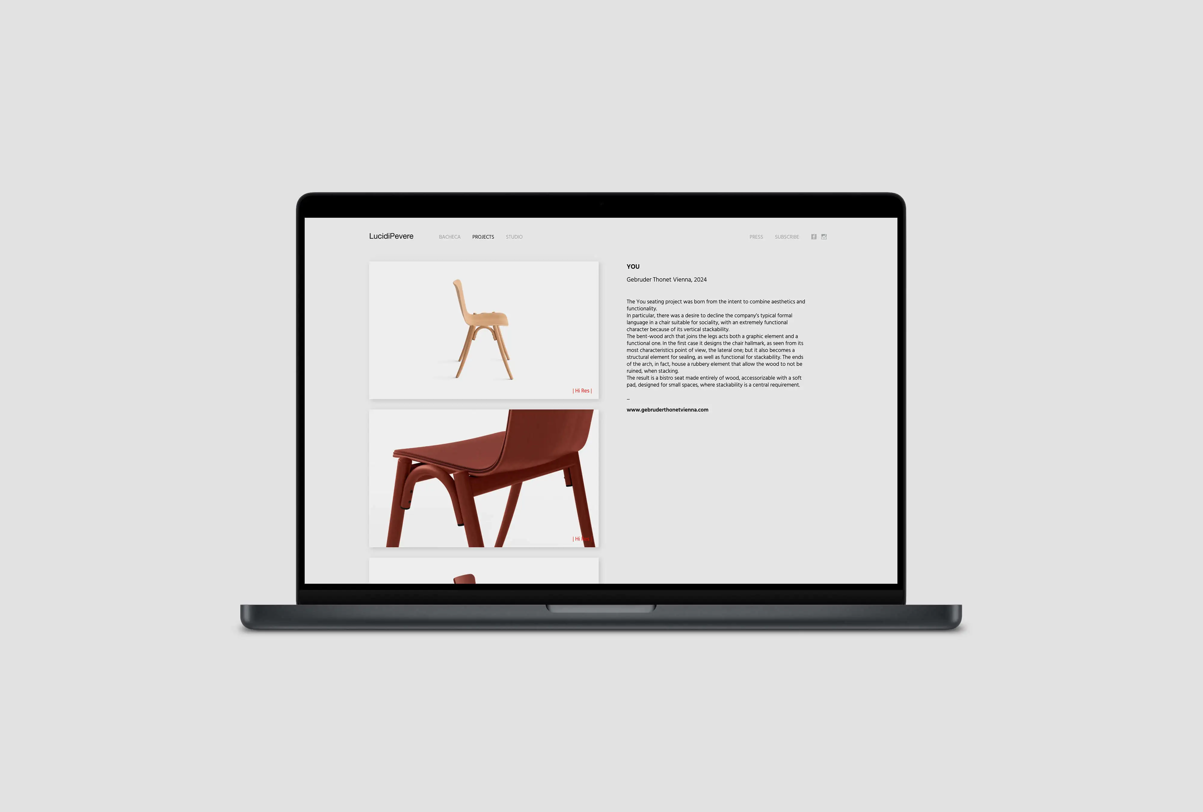 Laptop zeigt die Website des Designstudios LucidiPevere mit dem 3D-Rendering des Stuhls YOU für Gebrüder Thonet Vienna.