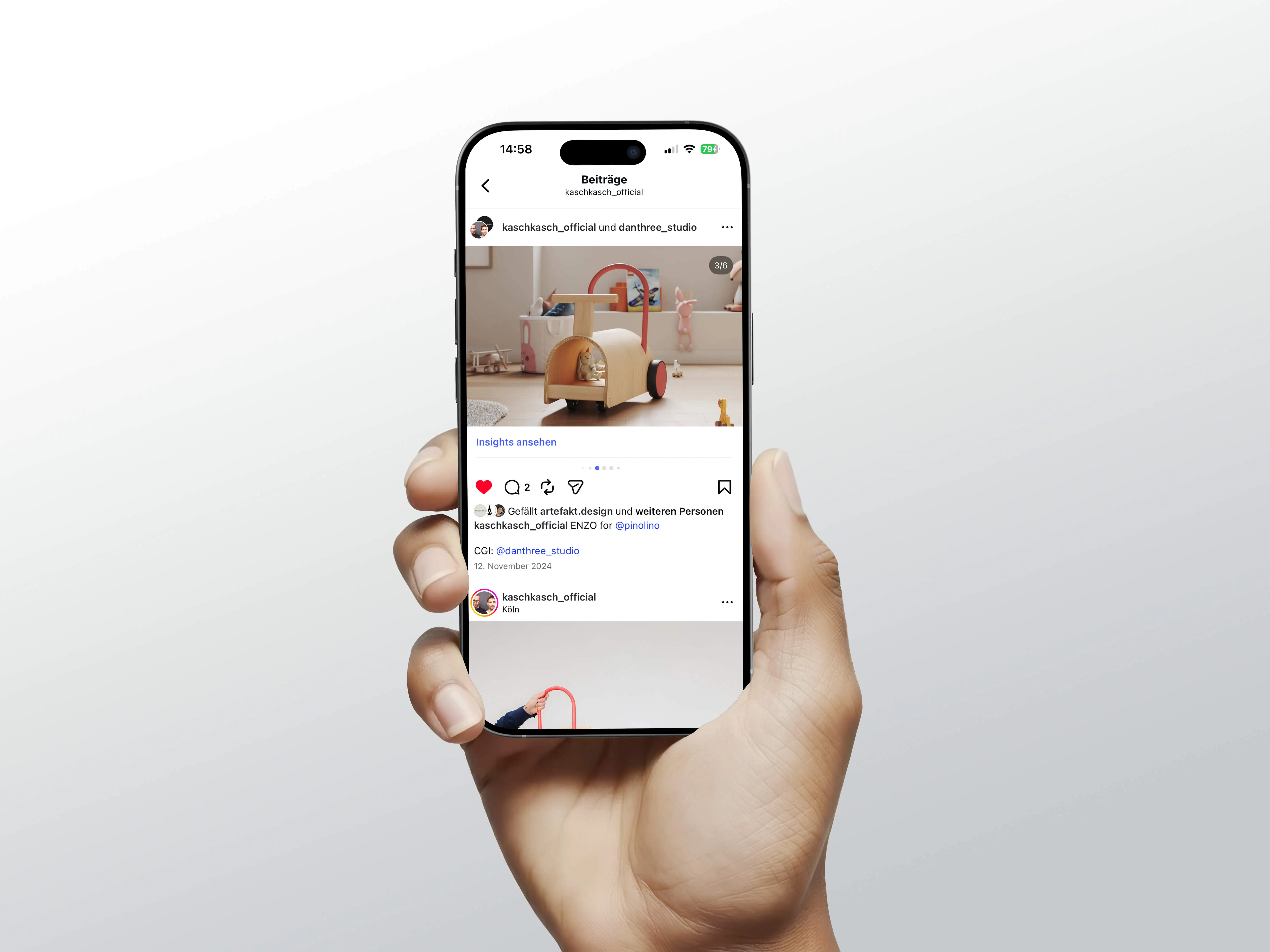 Smartphone displays an Instagram post by Kaschkasch Official featuring a photorealistic 3D visualization of the children's toy Enzo in social media marketing.