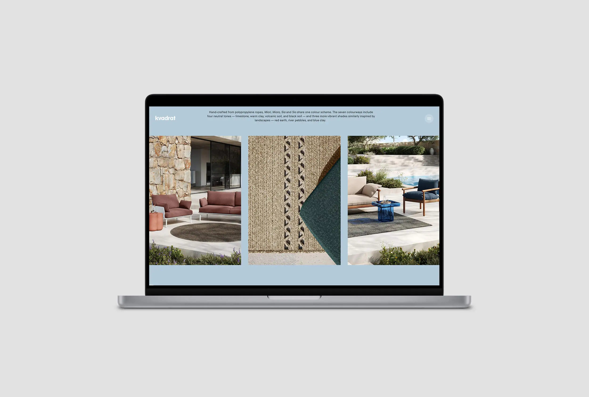 Il laptop mostra il sito web di Kvadrat con immagini dettagliate e texture fotorealistiche dei tappeti da esterno in 3D.