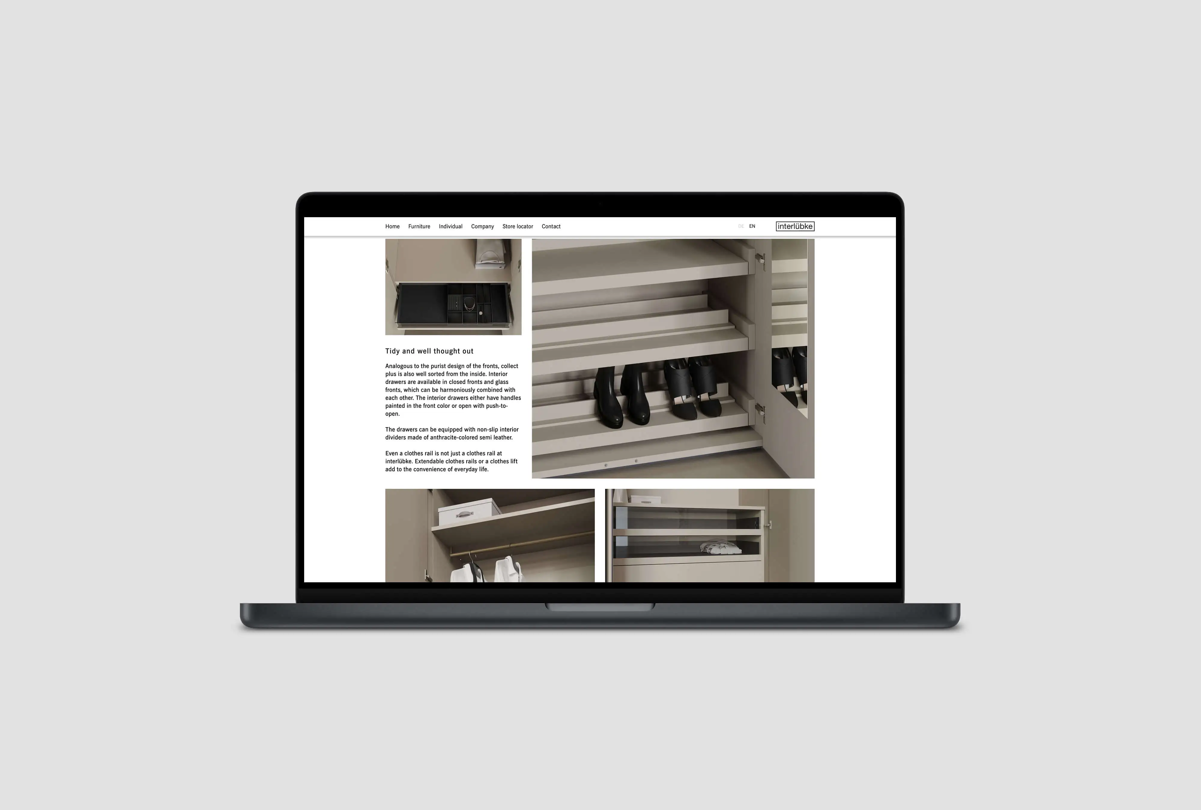 Laptop zeigt die Detailansicht der Interlübke Website mit 3D-Visualisierungen der hochwertigen Schrank-Innenausstattung, Schubladen und Schuhablagen.