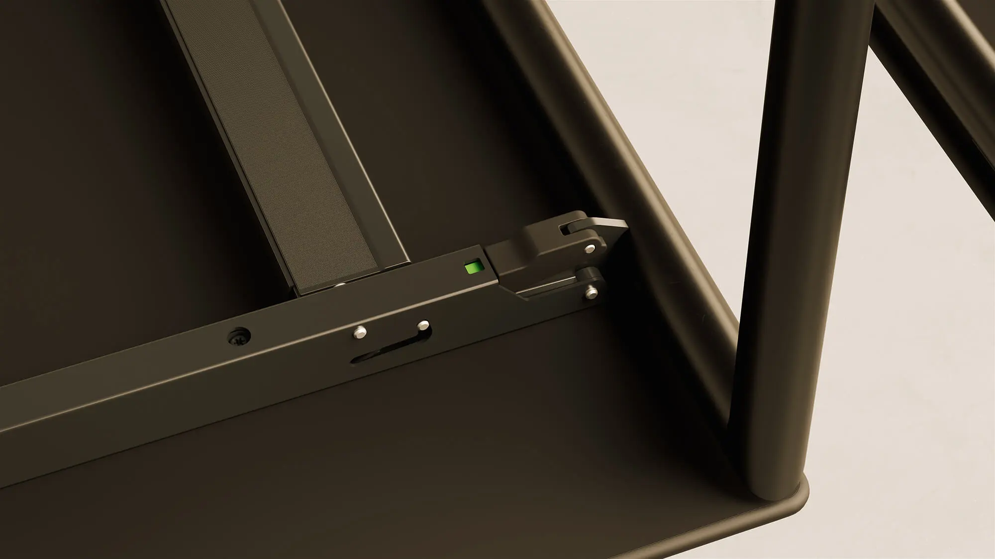 Primo piano del preciso meccanismo di bloccaggio sotto il piano del tavolo pieghevole a quattro gambe 4K di Schneeweiss Interior in una rappresentazione 3D fotorealistica.