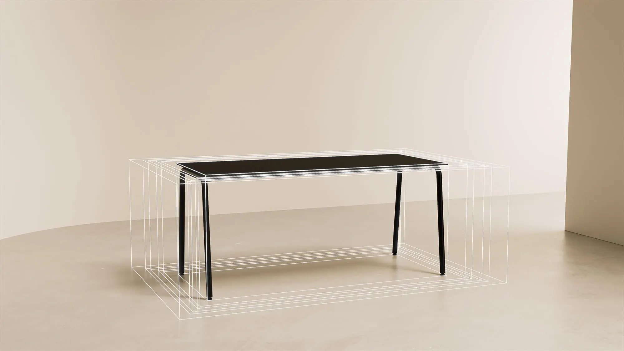 Rappresentazione visiva della struttura geometrica del tavolo 4K tramite una sovrapposizione wireframe 3D che evidenzia le diverse dimensioni del tavolo nel filmato del prodotto.