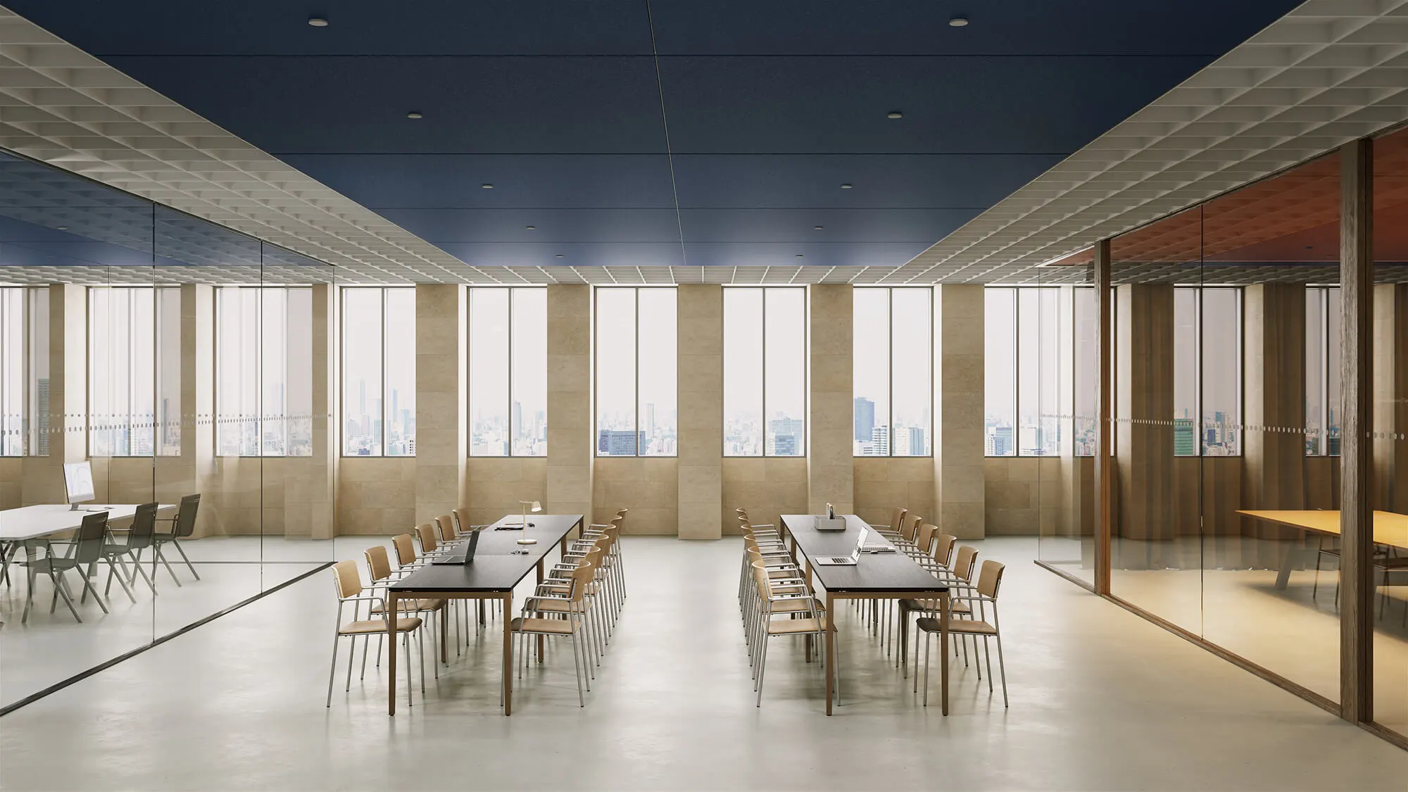 Visualizzazione 3D fotorealistica di una moderna sala conferenze open space dotata del sistema modulare di tavoli 4K di Schneeweiss Interior per concetti di New Work.