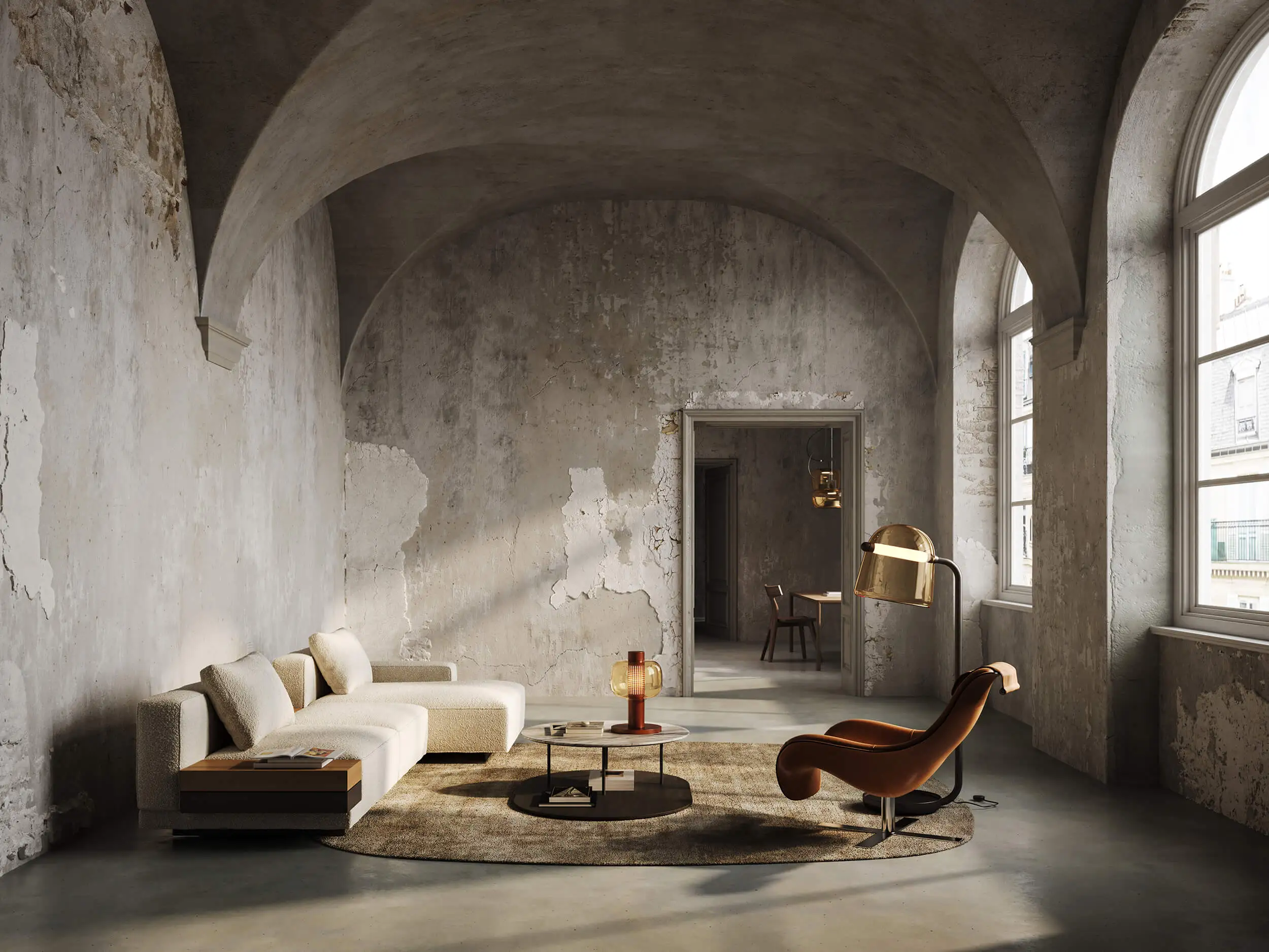 Fotorealistische High-End Lighting CGI Inszenierung eines Wohnraums im Palazzo-Stil. Zu sehen sind die Brokis Mona Stehleuchte und Bonbori Tischleuchte, deren Lichtstimmung die raue Textur der patinierten Wände mit der modernen Glätte der Möbel verbindet.