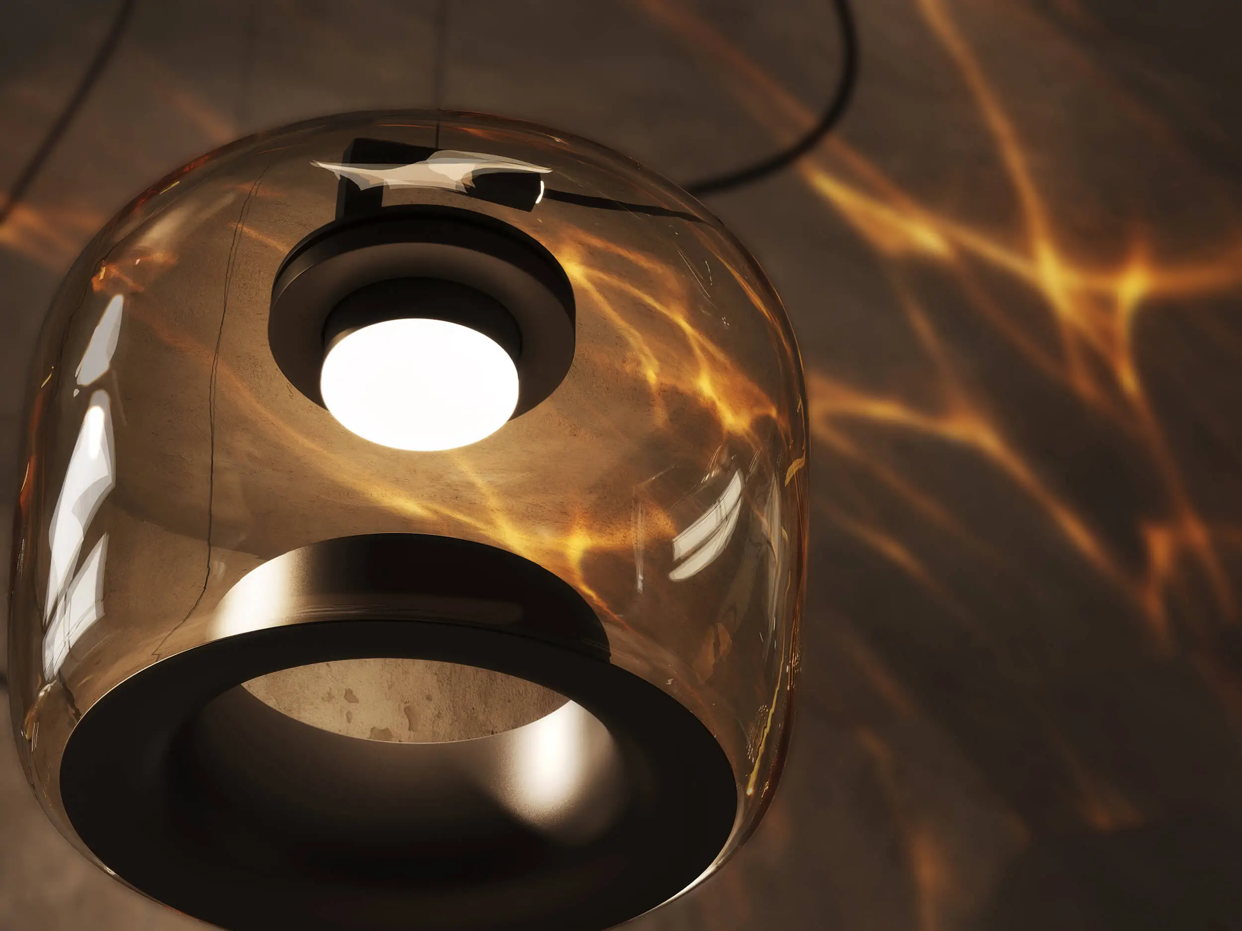 CGI light simulation: View from below of the Brokis Double pendant lamp. The focus is on the complex caustics (light refraction) on the rough concrete wall and the visible material thickness of the amber-colored glass, which lend physical weight to the rendering.