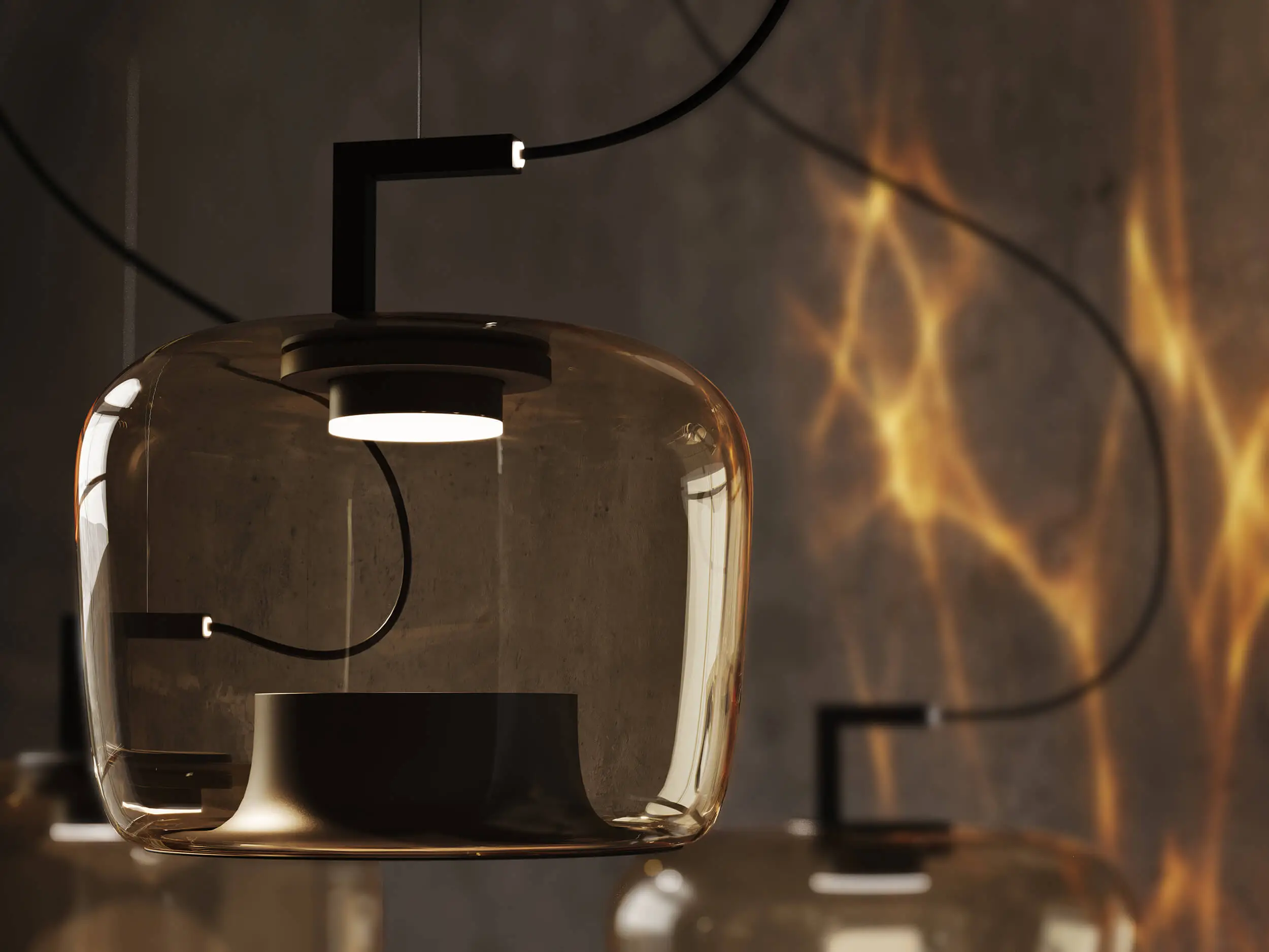 Atmospheric lighting design: The Brokis Double lamp in front of a textured concrete wall with simulated caustics (light patterns). The focus is on the volume of the glass body and the contrast between the delicate black metal suspension.