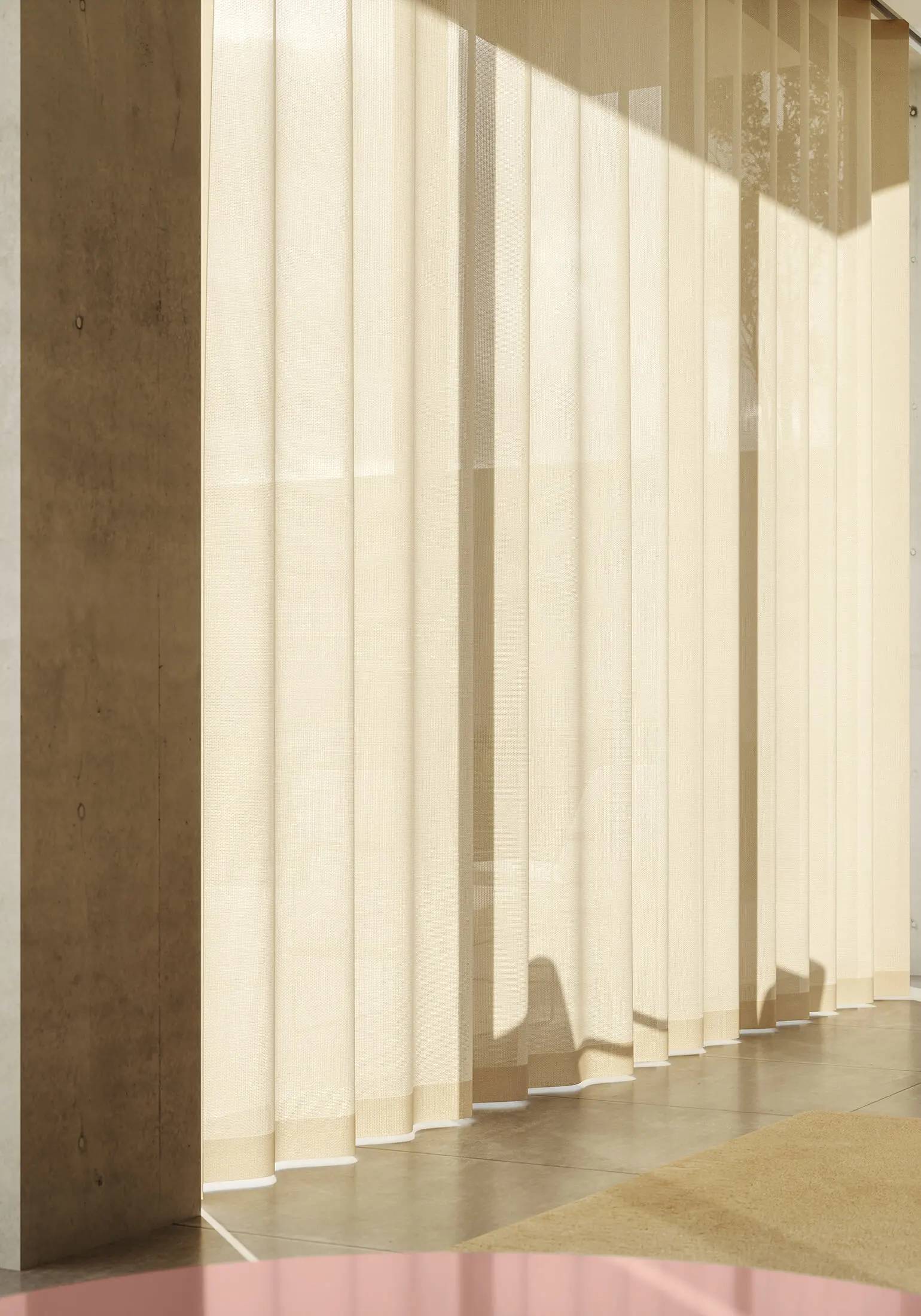 CGI Detailaufnahme der textilen Wellenfalte: Die 3D Visualisierung zeigt die digitale Stofflichkeit, feine Mikrotexur und das durchscheinende Licht des Vorhangs.