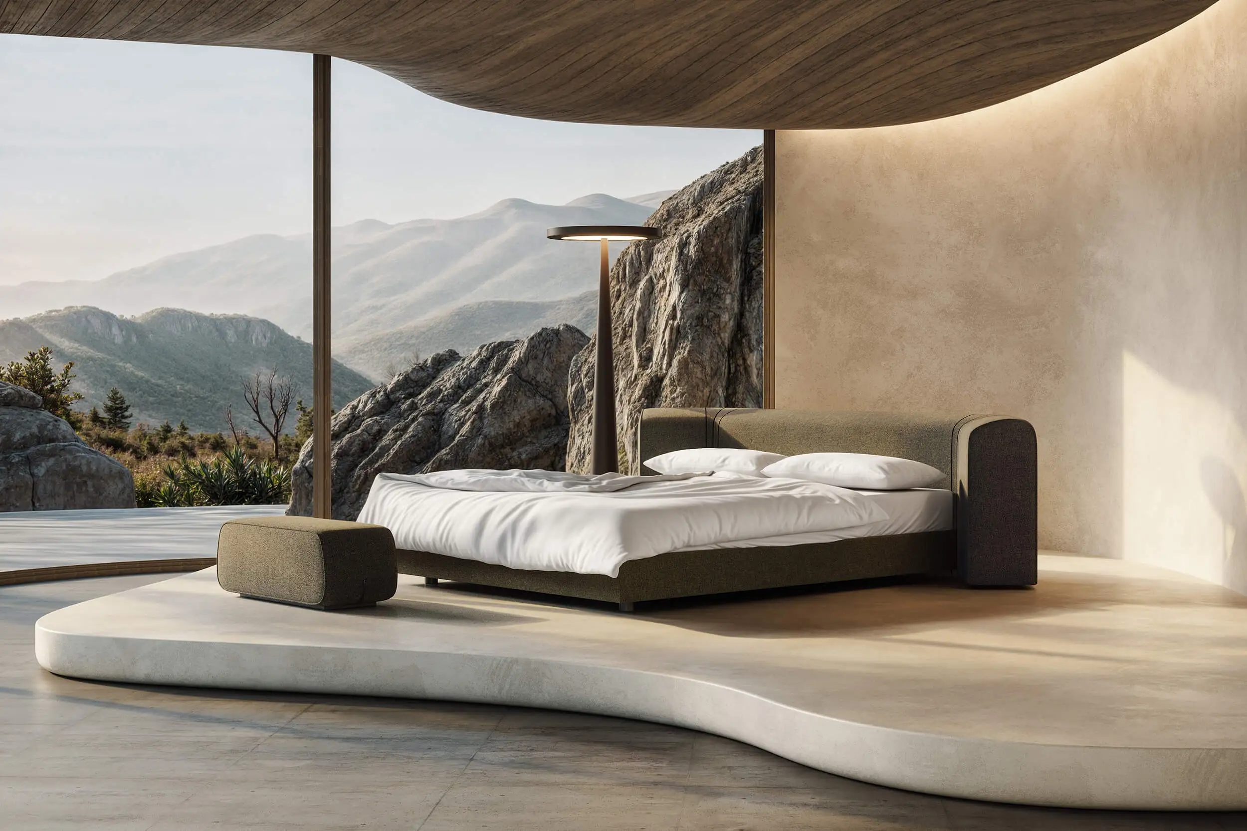 Spektakulärer CGI Markenraum für das Schramm Bett Lysander. Die 3D Visualisierung integriert das Schlafsystem in eine organische Architektur mit massiven Felsformationen und übersetzt das Element Erde.