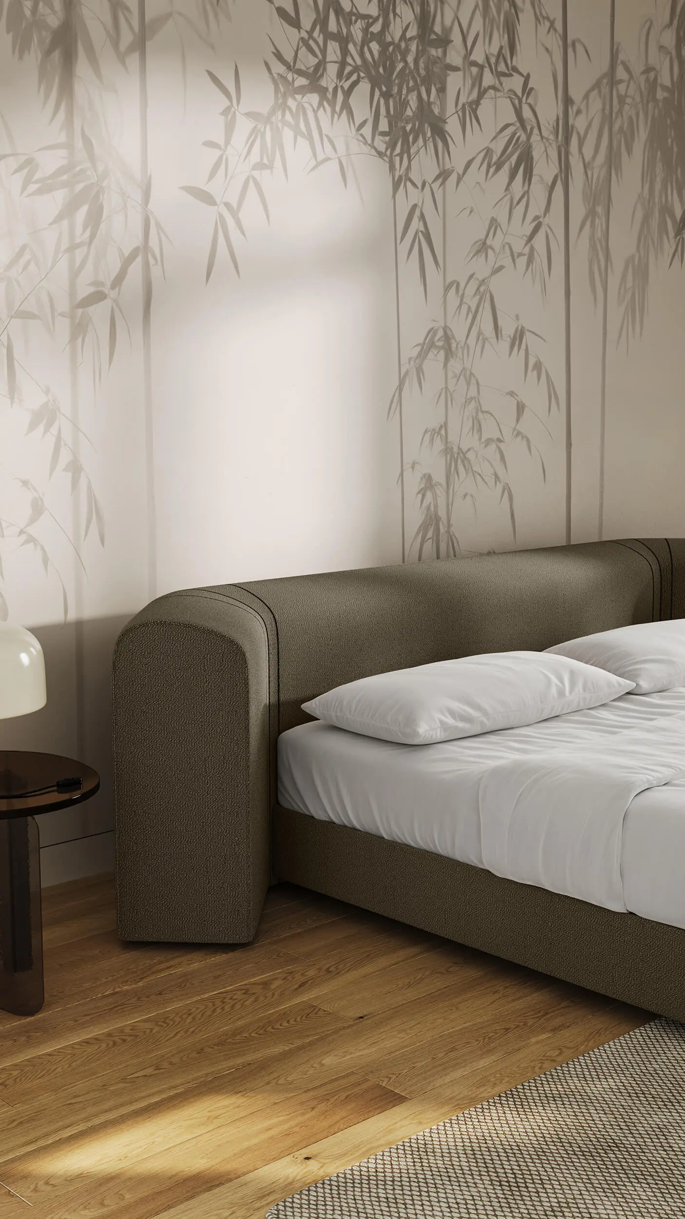 Detailaufnahme der fotorealistischen 3D Modellierung des Schramm Bettes Lysander. Die präzise Verarbeitung der Nähte am Kopfteil und die haptische Tiefe des Bezugsstoffes werden durch sanftes Streiflicht hervorgehoben.