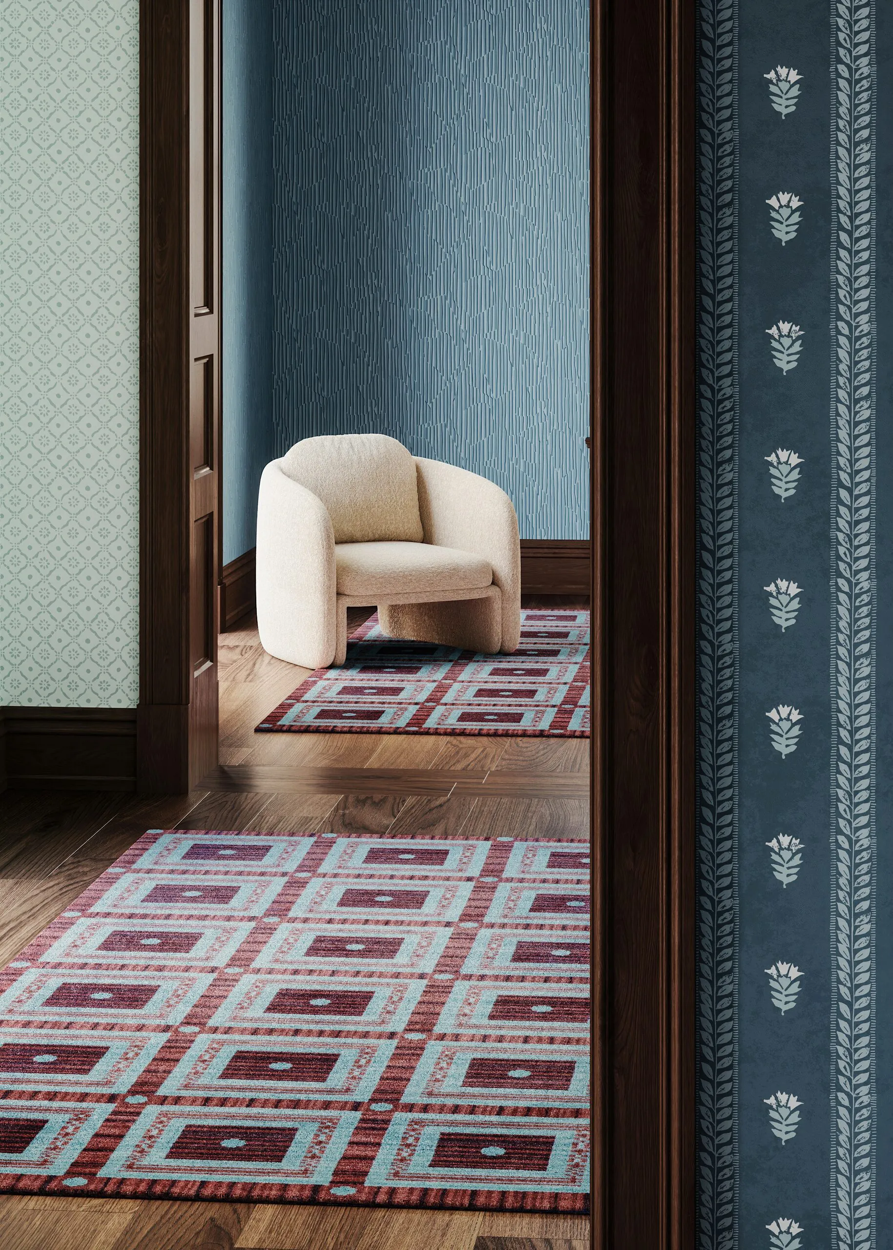 Blick durch eine Türöffnung auf blauen Wandbelag, Läufer und Bouclé-Sessel, Interior Visualisierung für Perennials