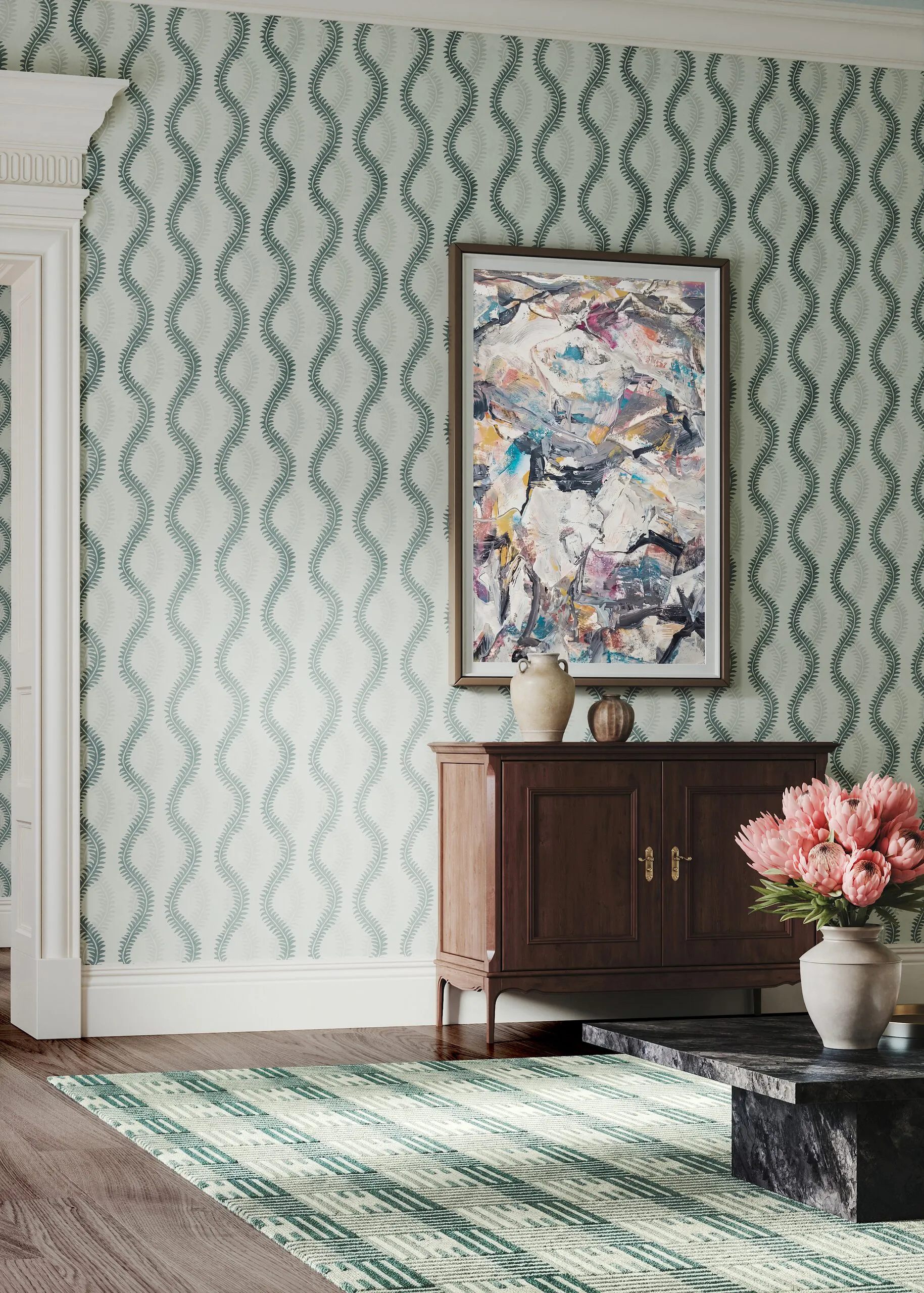 Wandbelag mit vertikalem Wellenmuster über Wand und Gesims, mit Konsole und Kunstwerk, Wandbelag Visualisierung für Perennials