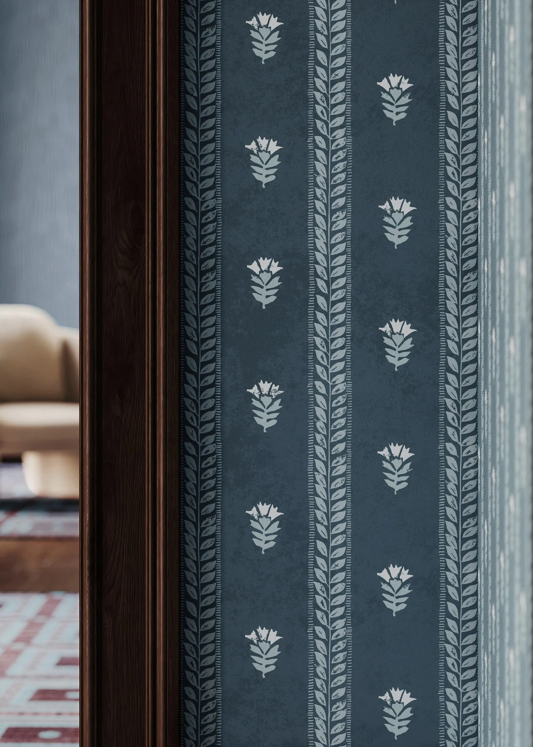 Zwei blaue Wandbeläge nebeneinander, Blüten- und Blattstreifen als Musterkombination, CGI Visualisierung für Perennials