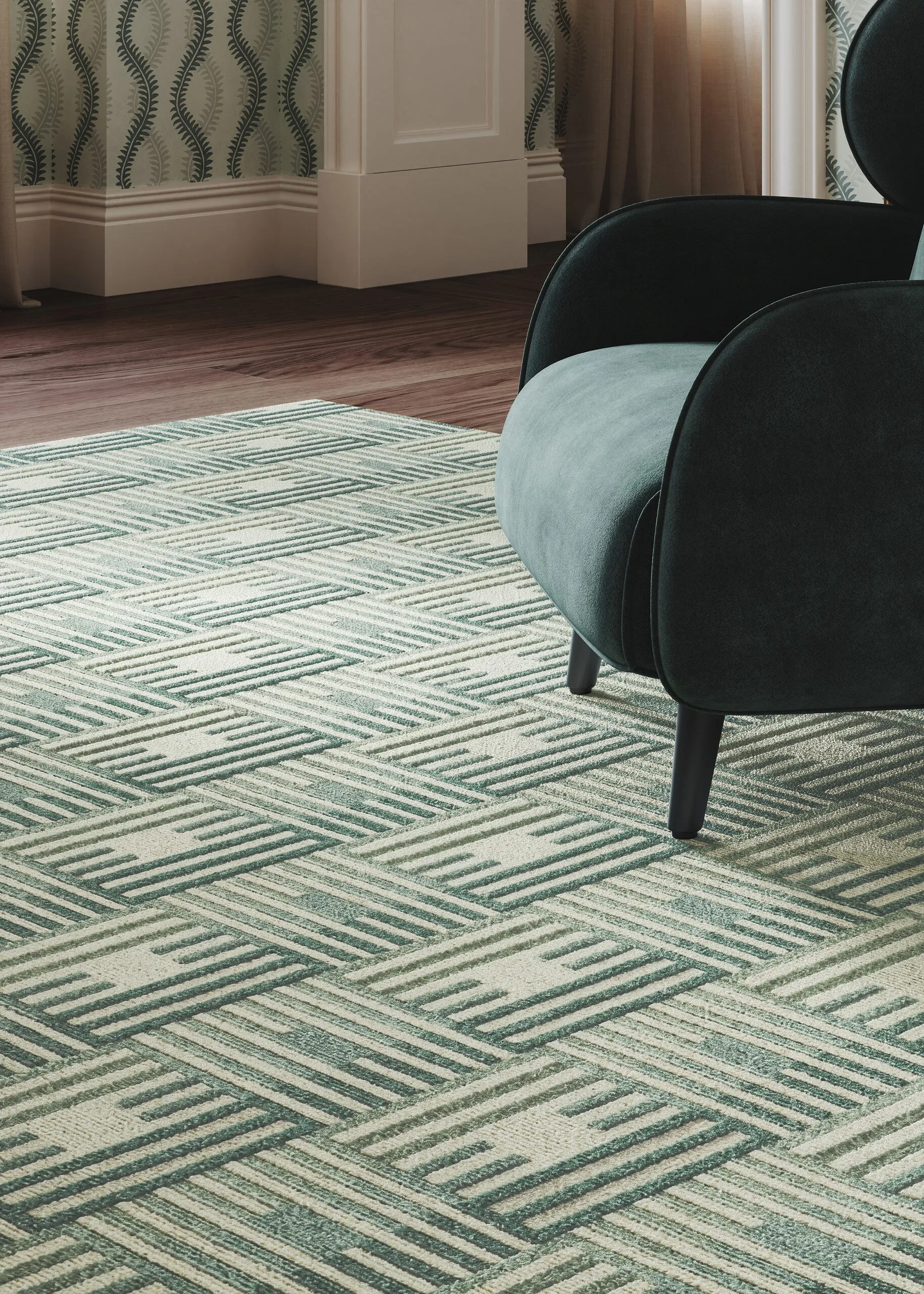 Flachgewebter Teppich mit geometrischem Flechtmuster in Grün und Creme im Detail, 3D Teppich Visualisierung für Perennials