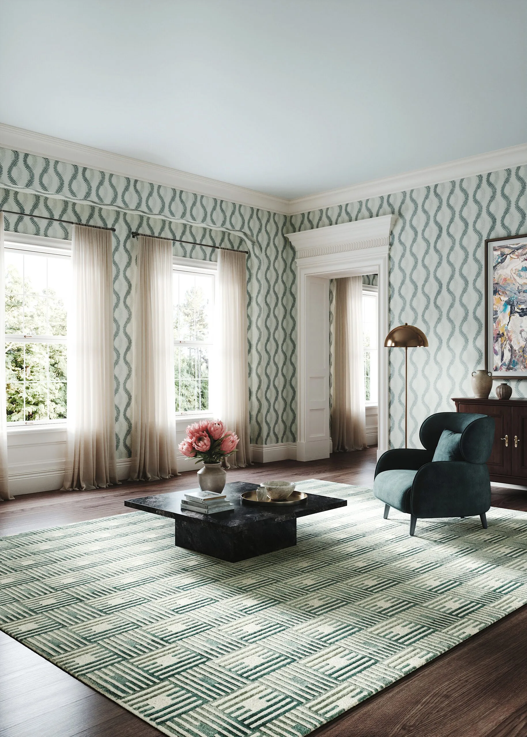 Wohnzimmer mit Wandbelag im Wellenmuster und geometrischem Teppich in Grüntönen, 3D Rendering für Perennials