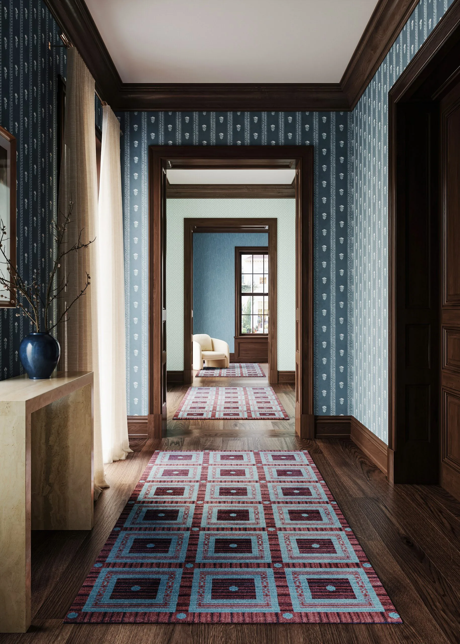 Flur mit Blickachse durch mehrere Türöffnungen, drei blaue Wandbeläge und gemusterter Läufer, 3D Rendering für Perennials