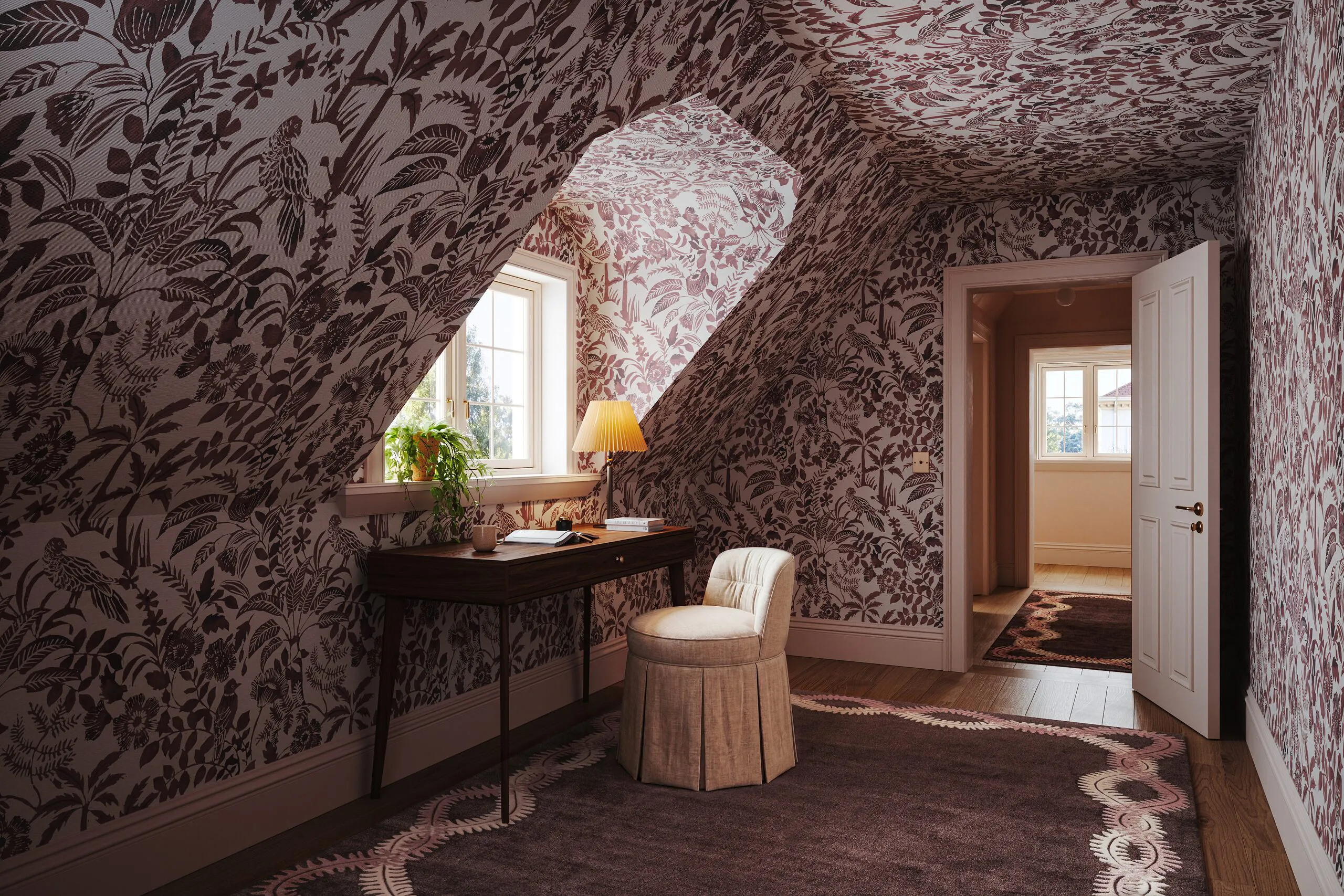 Raum unter der Dachschräge, Wandbelag mit botanischem Muster läuft über Wand und Decke, 3D Visualisierung für Perennials