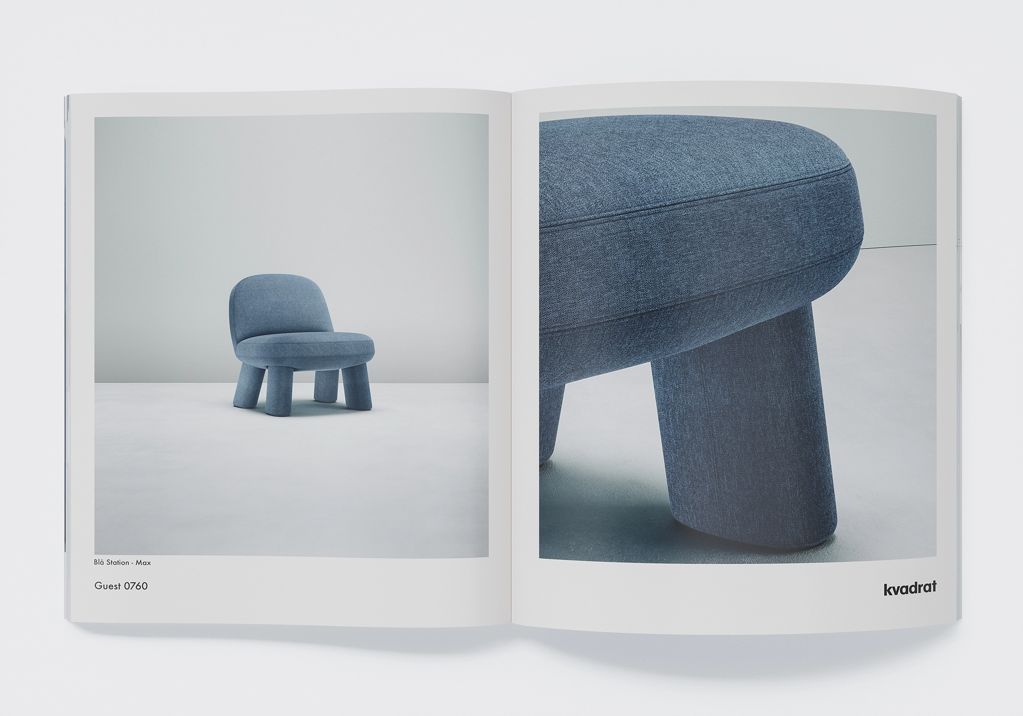 A two-page spread featuring the Blå Station Max armchair in blue Kvadrat fabric and a close-up of the fabric's texture in 3D.