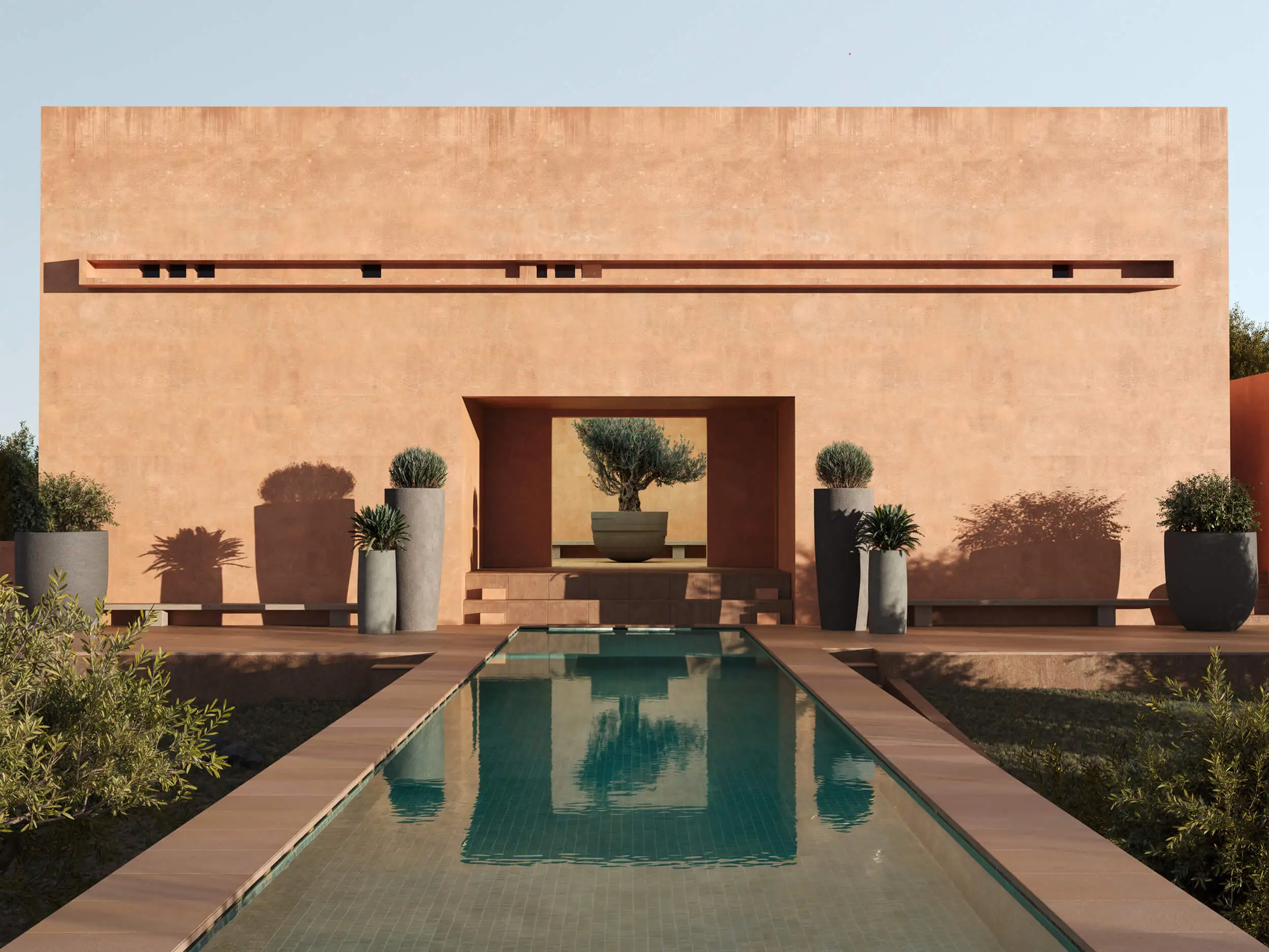 3D rendering of an outdoor pool with large planters in front of minimalist architecture