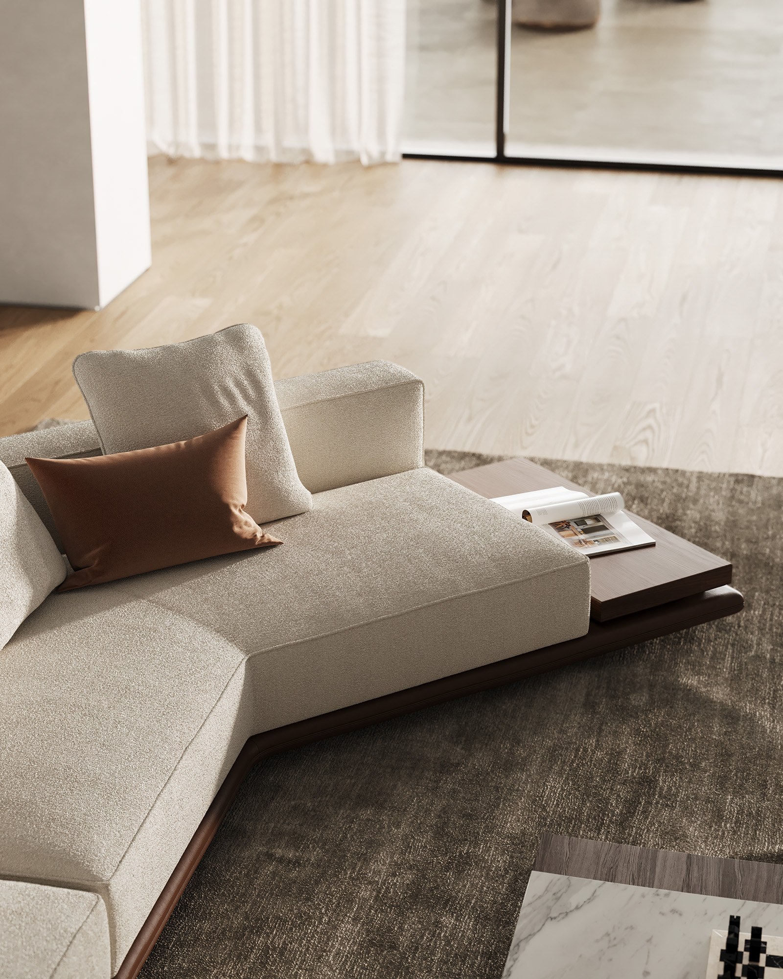 Sofa with a wooden side shelf in the living room