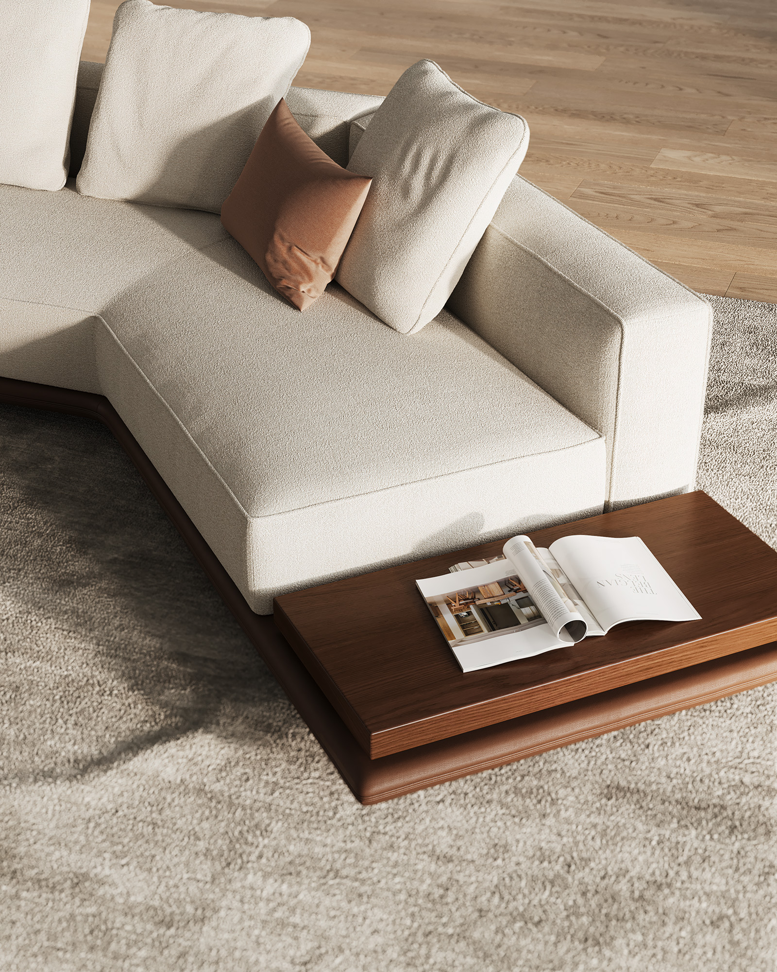 Close-up of a light-colored sofa with pillows and a wooden shelf featuring an open book