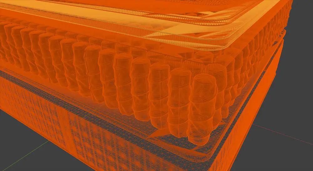 Detaljbild av en 3D-modell av en madrass med exakt skiktstruktur och fjäderkärna