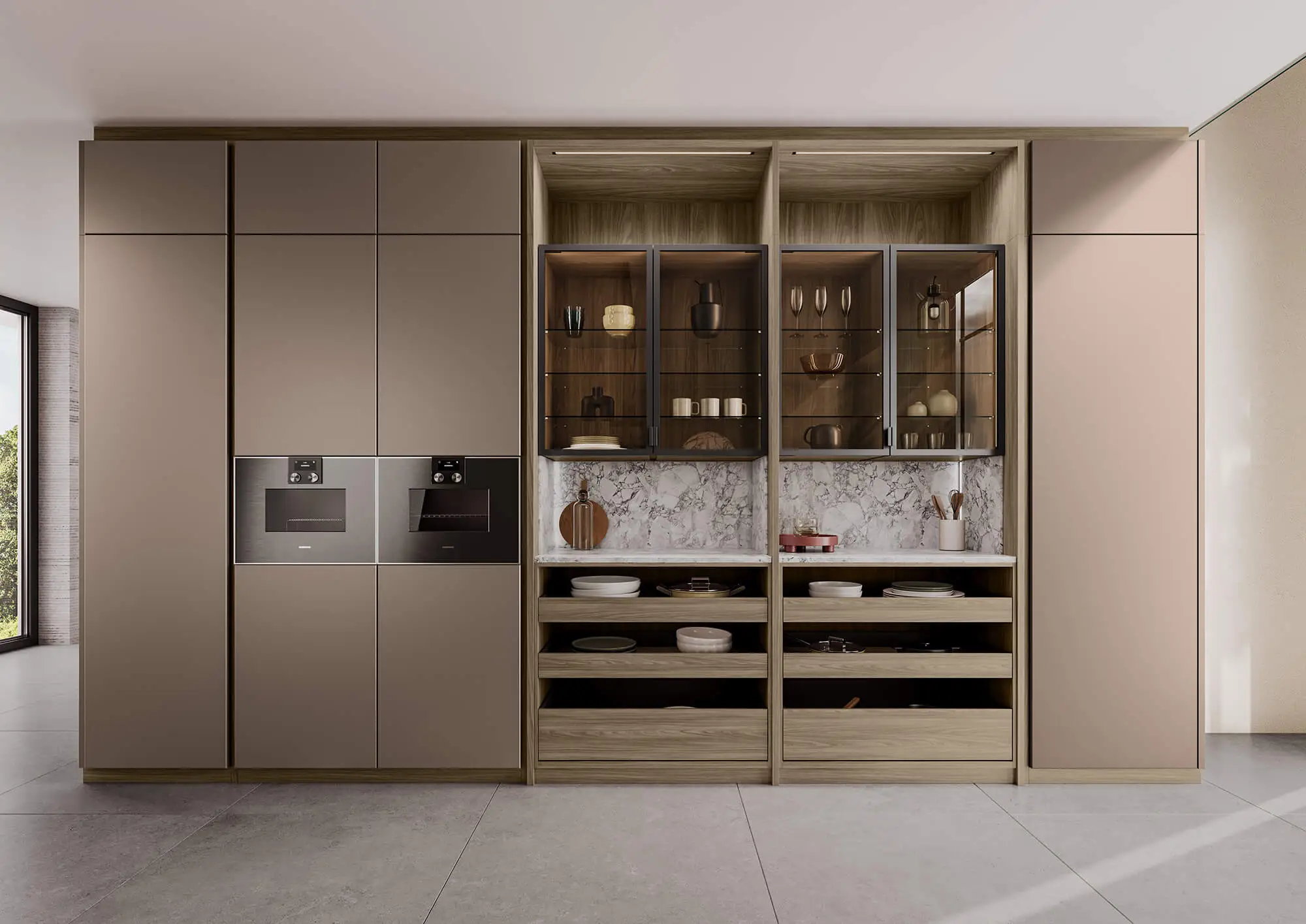 3D visualization furniture: modern kitchen furniture with island, wooden fronts, marble worktop, glass cabinets and appliance wall.